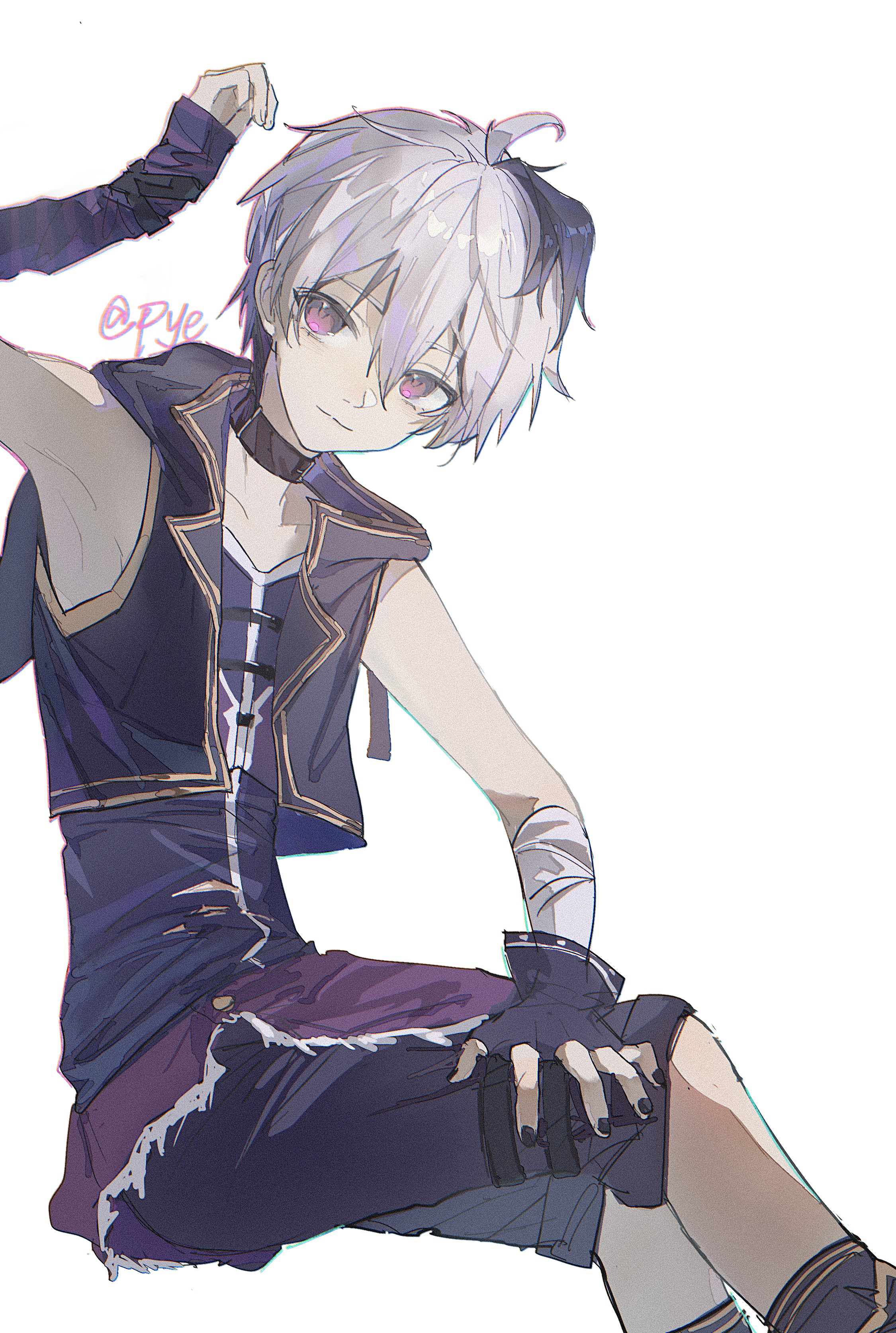 pye yyy, flower (vocaloid), flower (vocaloid4), vocaloid, absurdres, commentary, english commentary, highres, 1girl, :3, ahoge, androgynous, arm up, armpits, artist name, bandaged arm, bandages, bare shoulders, black boots, black collar, black gloves, black hair, black jacket, black nails, black shorts, black socks, boots, chromatic aberration, closed mouth, collar, collarbone, colored inner hair, cropped jacket, double-parted bangs, double horizontal stripe, feet out of frame, film grain, fingerless gloves, fingernails, flat chest, fur-trimmed skirt, fur trim, gloves, hair between eyes, hand on own thigh, hood, hood down, hooded jacket, invisible chair, jacket, knee boots, kneehighs, multicolored hair, nail polish, pale skin, pink eyes, purple arm warmers, purple shirt, purple skirt, shirt, short hair, shorts, simple background, single fingerless glove, single glove, sitting, skirt, sleeveless, sleeveless jacket, sleeveless shirt, socks, solo, streaked hair, striped arm warmers, torn clothes, torn shirt, two-tone hair, white background, white hair