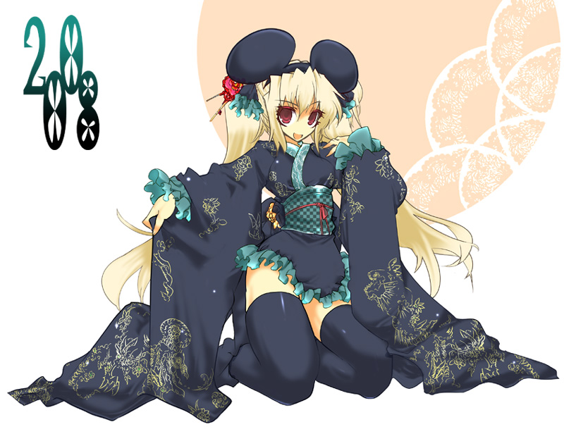 aoguu, 00s, 2008, animal ears, japanese clothes, kimono, kimono skirt, mouse ears, new year, solo, thighhighs, zettai ryouiki