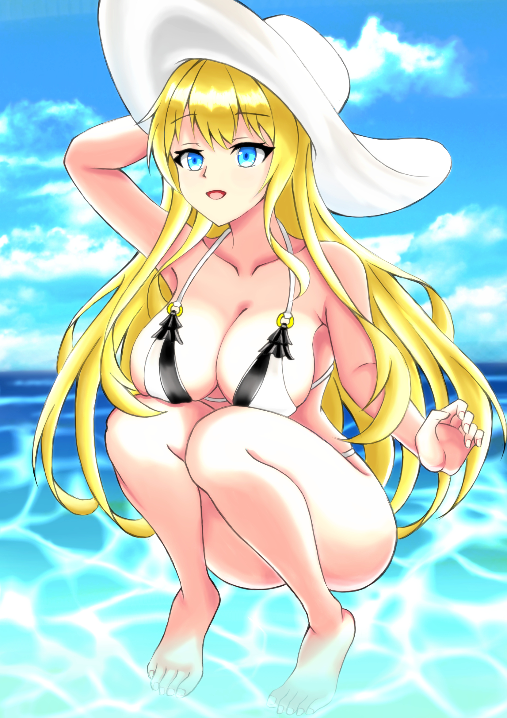 xiang mulin, north carolina (azur lane), azur lane, highres, arm behind head, barefoot, bikini, black bikini, blonde hair, blue eyes, breasts, cleavage, frills, halterneck, hat, large breasts, long hair, multicolored bikini, o-ring, o-ring bikini, ocean, open mouth, partially submerged, squatting, sun hat, swimsuit, white bikini, white hat