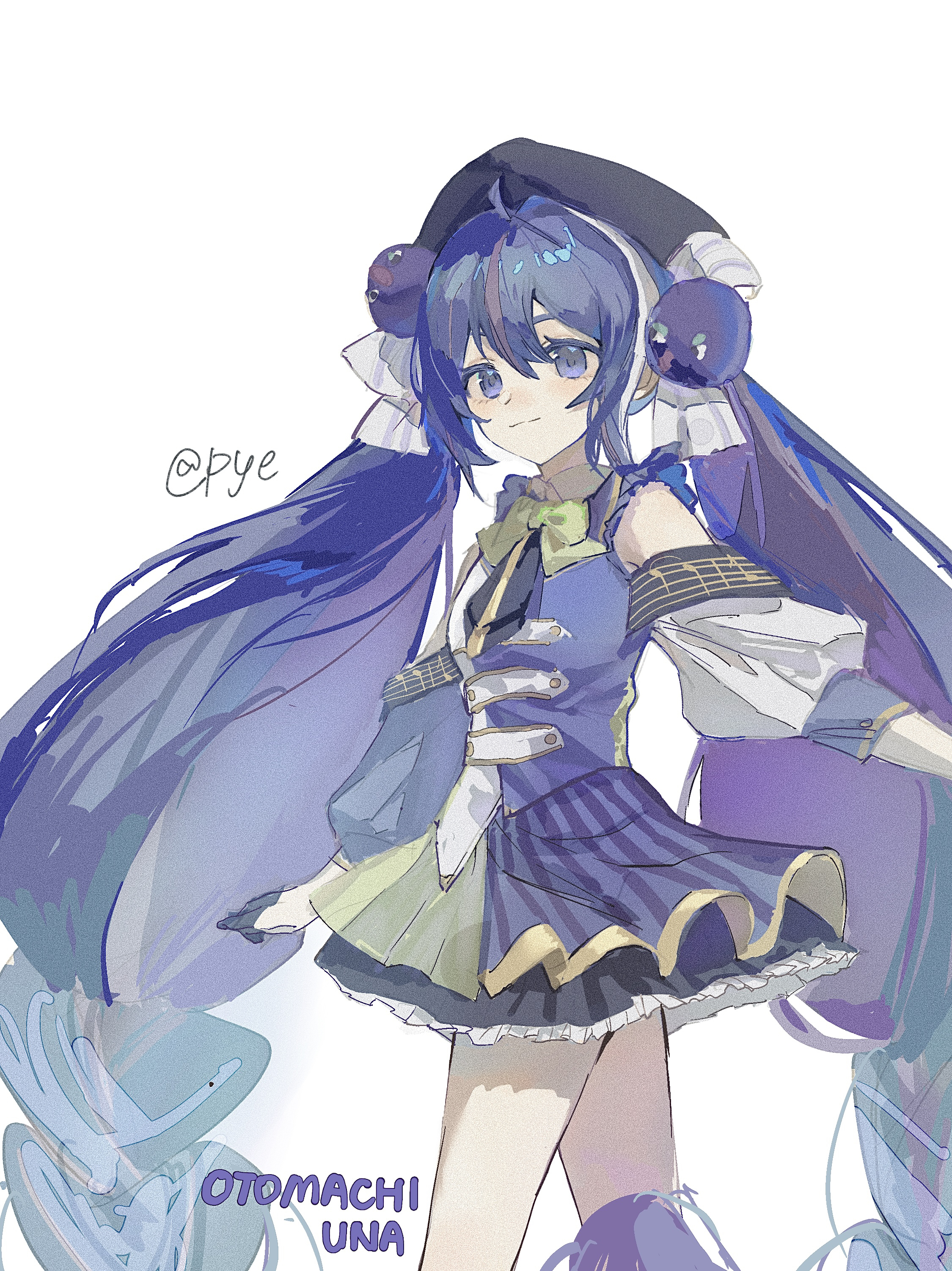 pye yyy, otomachi una, otomachi una (sv), synthesizer v, vocaloid, absurdres, commentary, english commentary, highres, 1girl, :3, ahoge, artist name, asymmetrical sleeves, bare shoulders, big hair, black gloves, black hat, black jacket, black necktie, black skirt, blue eyes, blue skirt, blue sleeves, bow, bowtie, braid, breasts, buttons, character name, chromatic aberration, closed mouth, collared jacket, cowboy shot, detached sleeves, double-breasted, double-parted bangs, film grain, frilled skirt, frills, gloves, gold buttons, green bow, green bowtie, hair between eyes, hair ornament, half gloves, hat, hat bow, jacket, layered skirt, long hair, long sleeves, looking at viewer, looking back, low twin braids, miniskirt, mismatched sleeves, multicolored jacket, musical staff, musical staff print, necktie, no sclera, outstretched arms, puffy long sleeves, puffy sleeves, see-through overskirt, simple background, skirt, sleeveless, sleeveless jacket, small breasts, solo, standing, striped clothes, striped skirt, twin braids, two-tone jacket, vertical-striped clothes, vertical-striped skirt, very long hair, white background, white bow, white jacket, white sleeves