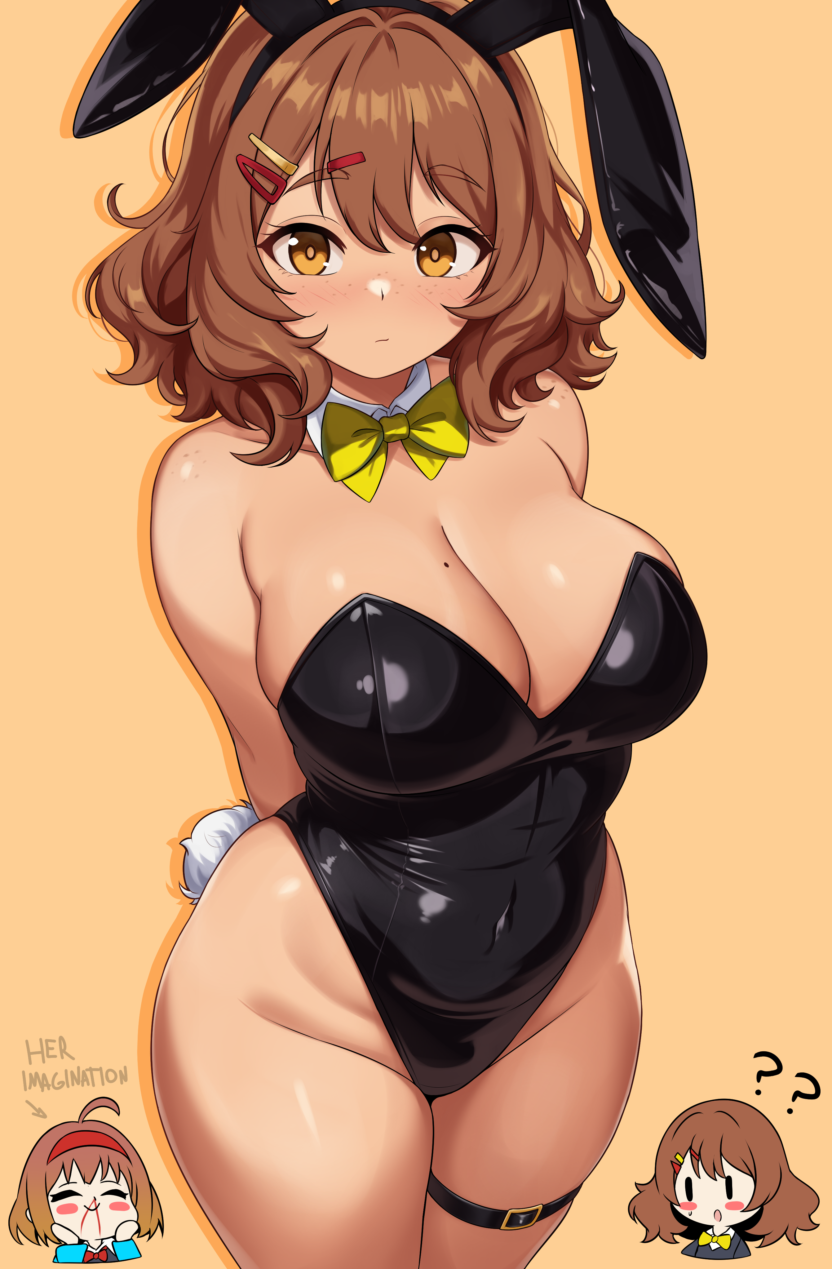 scrapy, original, absurdres, commentary, english commentary, highres, 2girls, ?, ??, animal ear hairband, animal ears, black leotard, blood, bow, bowtie, breasts, brown eyes, brown hair, detached collar, embarrassed, english text, fake animal ears, freckles, hairband, highleg, highleg leotard, imagining, large breasts, leotard, multiple girls, nosebleed, orange background, playboy bunny, rabbit ears, rabbit tail, short hair, simple background, solo focus, strapless, strapless leotard, tail, wavy hair, yellow bow, yellow bowtie