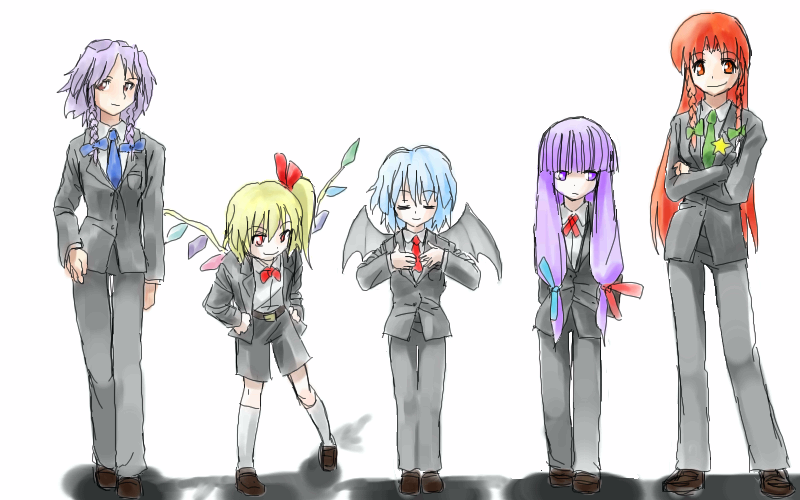 flandre scarlet, hong meiling, izayoi sakuya, patchouli knowledge, remilia scarlet, embodiment of scarlet devil, touhou, 5girls, bat wings, female focus, formal clothes, multiple girls, pant suit, pants, shorts, suit, tuxedo, wings
