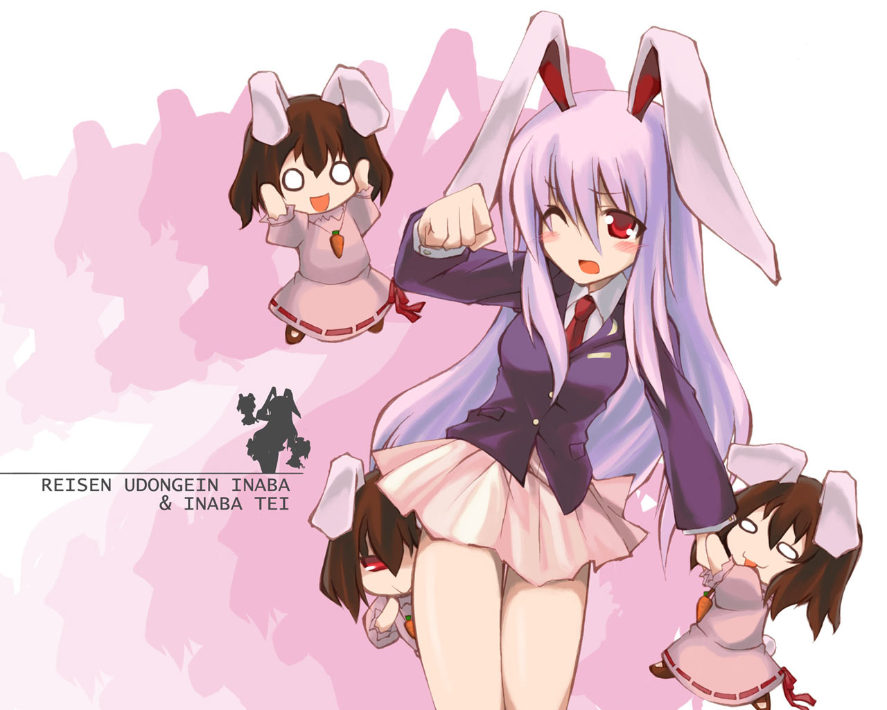 akanagi youto, inaba tewi, reisen udongein inaba, touhou, 2girls, animal ears, brown hair, female focus, long hair, miniskirt, multiple girls, necktie, purple hair, rabbit ears, red eyes, red necktie, skirt