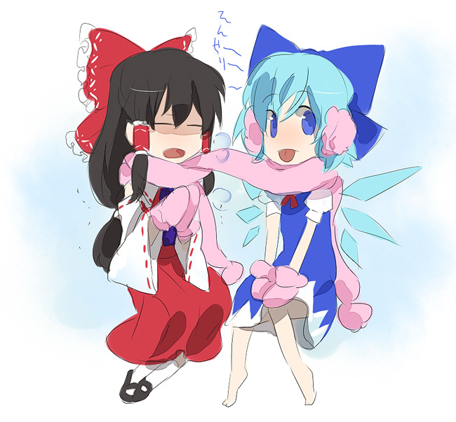 kazune (baumkuchen), cirno, hakurei reimu, perfect cherry blossom, touhou, 2girls, :p, barefoot, female focus, mittens, multiple girls, scarf, shared clothes, shared scarf, tongue, tongue out