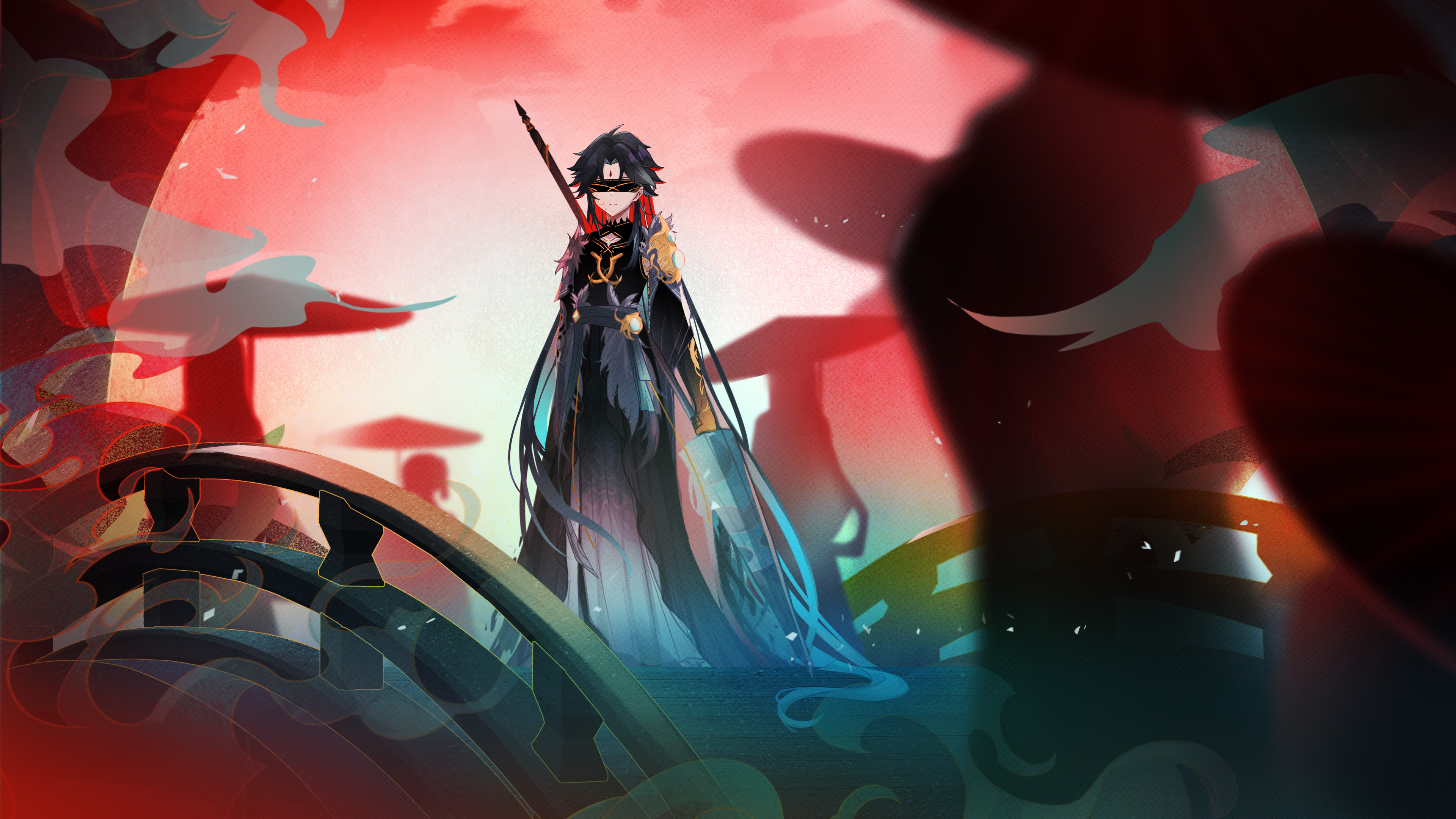 fishinthetea, xiao (genshin impact), genshin impact, absurdres, chinese commentary, highres, 1boy, above-cleavage cutout, alternate costume, alternate hair length, alternate hairstyle, aqua hair, aqua robe, aqua sash, aqua umbrella, arm tattoo, armor, arms at sides, black hair, black hands, black robe, black skin, blindfold, bridge, closed mouth, closed umbrella, clothing cutout, collarbone, colored extremities, colored inner hair, colored skin, covered eyes, curtained hair, earrings, expressionless, eyeshadow, facial mark, facial tattoo, facing viewer, forehead mark, full body, full moon, fur trim, gradient clothes, holding, holding umbrella, jewelry, long hair, makeup, male focus, moon, multicolored hair, multicolored robe, oil-paper umbrella, parted bangs, people, red hair, red moon, robe, sash, shoulder armor, single earring, smoke, solo focus, standing, tattoo, three-quarter sleeves, umbrella, very long hair, waist sash, white robe, wide sleeves, yellow eyeshadow