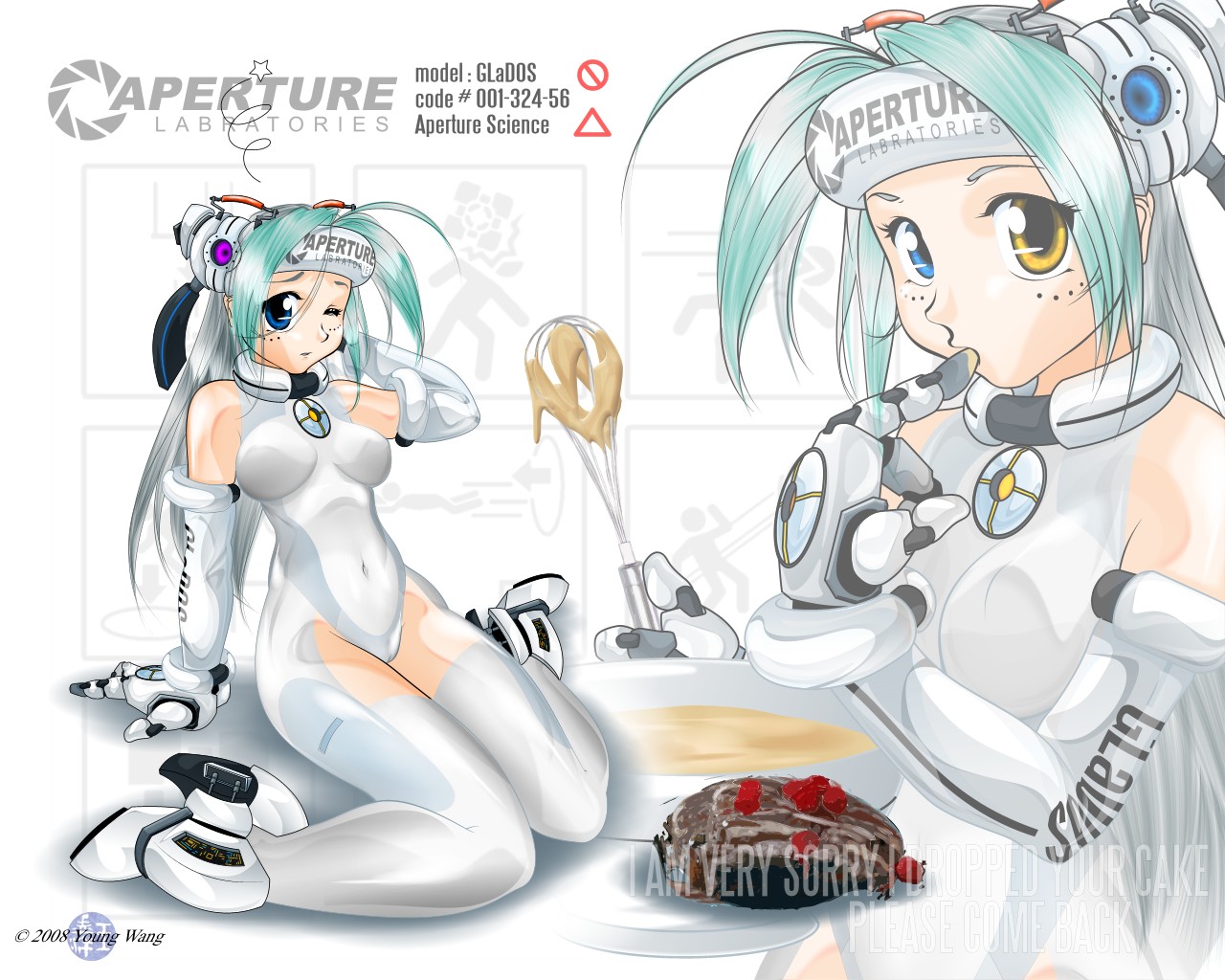 hoihoisan (artist), young wang, glados, glados-tan, portal (series), portal 1, spoilers, 1girl, aqua hair, baking, batter, blue eyes, cake, cake batter, cameltoe, elbow gloves, english text, food, gloves, green hair, hat, heterochromia, kneeling, licking, licking finger, meme, one eye closed, pastry, personification, sitting, spandex, tasting, the cake is a lie (meme), thighhighs, whisk, wink, yellow eyes