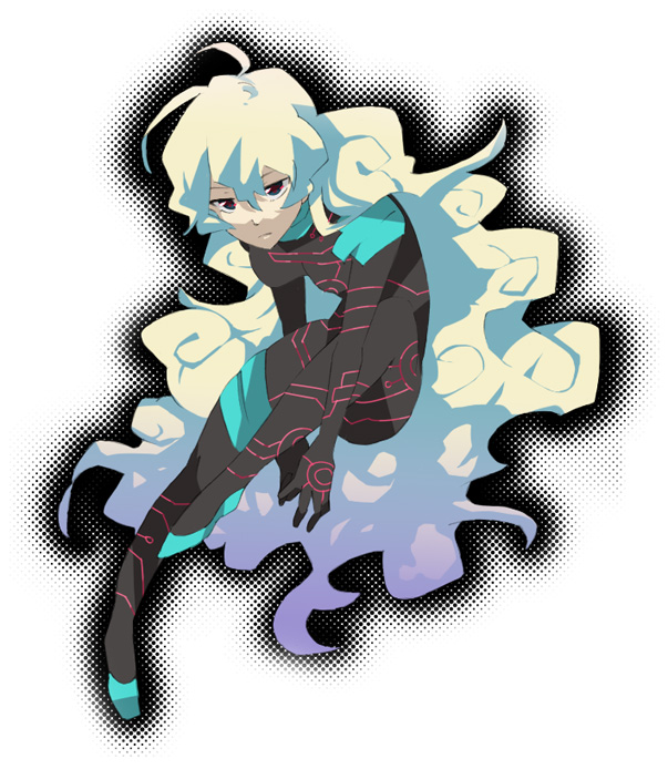 hayato (meromoni), antispiral nia, nia teppelin, tengen toppa gurren lagann, 00s, 1girl, black bodysuit, blonde hair, blue eyes, blue hair, bodysuit, breasts, dark persona, expressionless, female focus, gradient hair, long hair, multicolored hair, neon trim, skin tight, solo, two-tone hair, very long hair