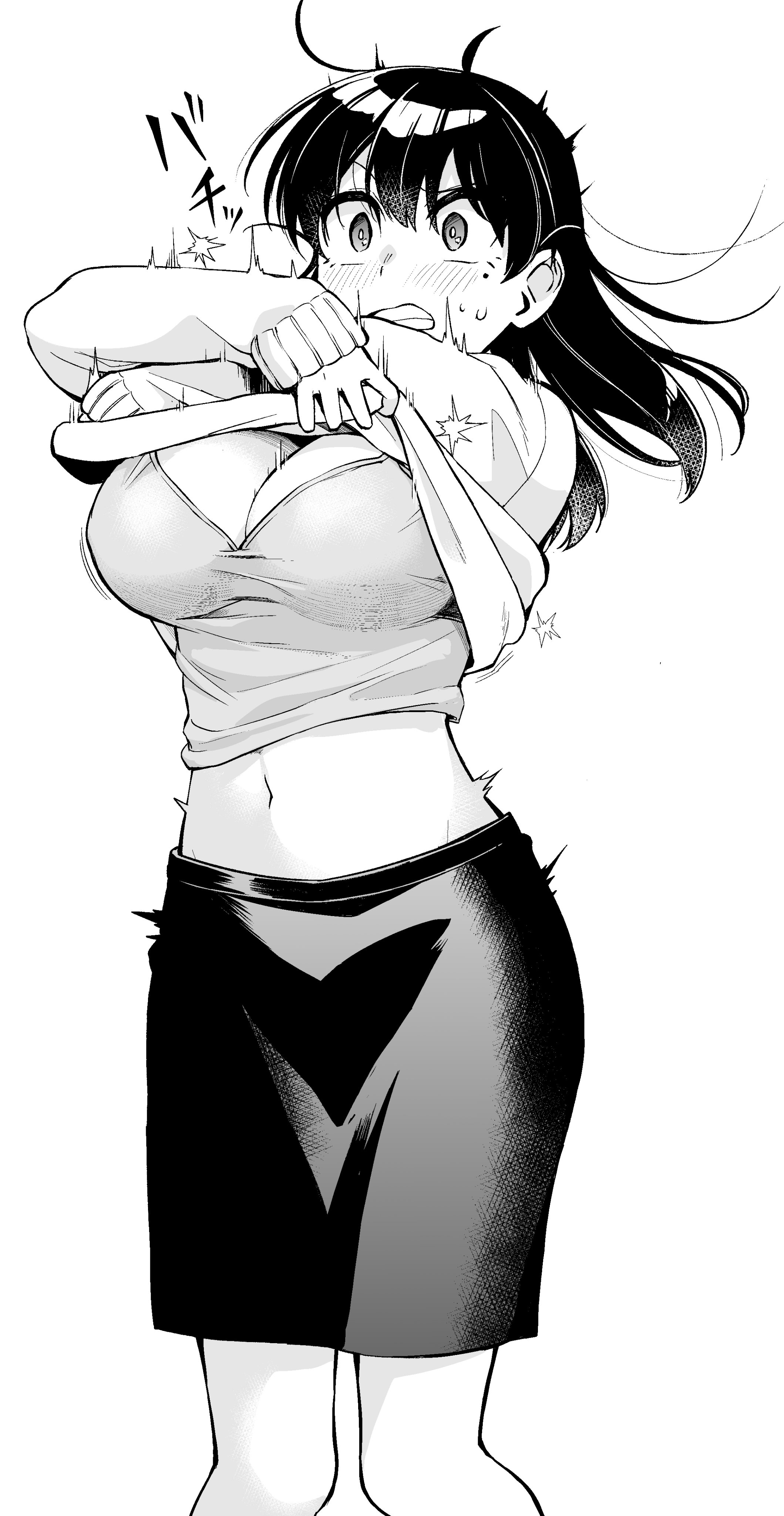 orange lili, ojou kotone, hajimete no ojou-sama, absurdres, character request, check character, check copyright, commentary request, copyright request, highres, 1girl, blush, breasts, camisole, cleavage, clothes lift, feet out of frame, greyscale, grimace, large breasts, lifting own clothes, long hair, midriff, mole, mole under eye, monochrome, navel, skirt, solo, sound effects, standing, sweatdrop, sweater, sweater lift, undressing