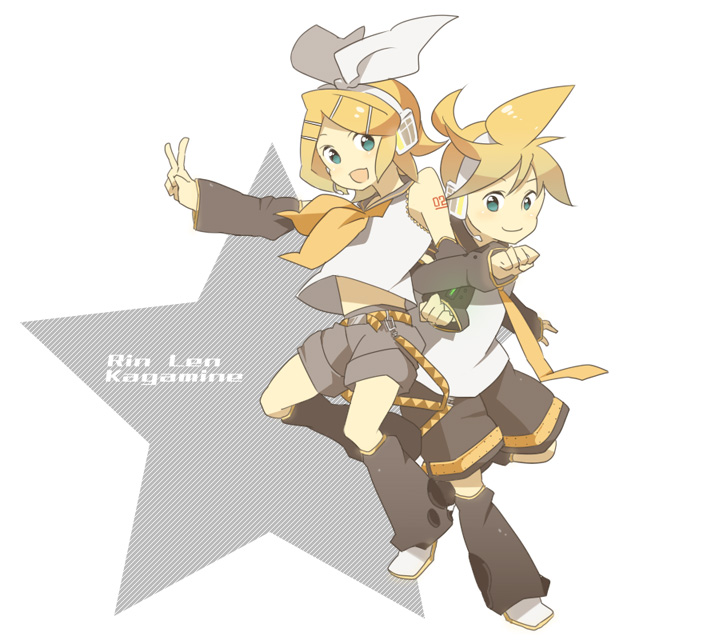 hayato (meromoni), kagamine len, kagamine rin, vocaloid, 1boy, 1girl, blonde hair, brother and sister, green eyes, microphone, siblings, twins, v