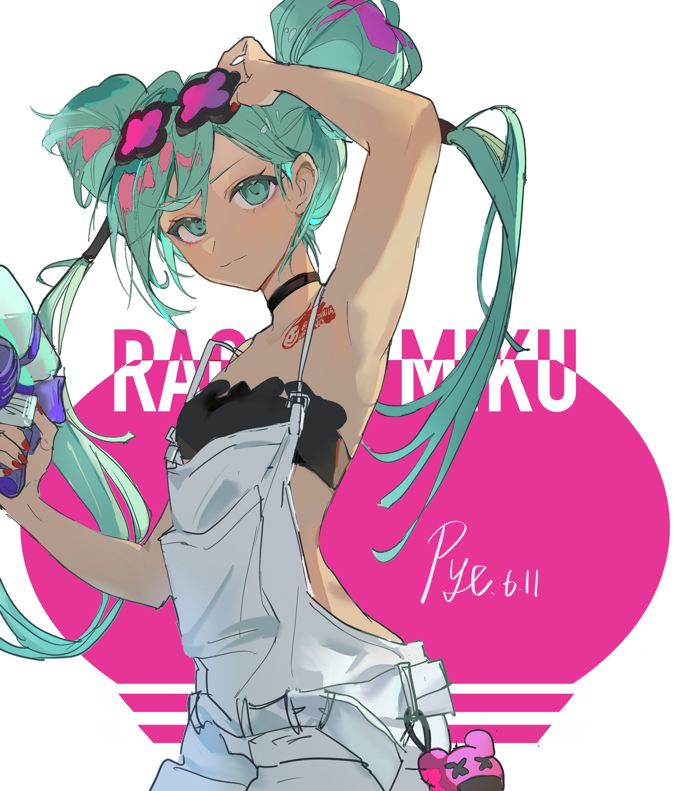pye yyy, hatsune miku, racing miku, racing miku (2025), vocaloid, absurdres, commentary, highres, 1girl, :3, adjusting eyewear, aqua eyes, aqua hair, arm up, armpits, artist name, backlighting, bare arms, bare shoulders, black-framed eyewear, black choker, black tube top, breasts, character name, chest tattoo, choker, closed mouth, cowboy shot, dated, double bun, from below, hair between eyes, hair bun, hair tubes, holding, holding water gun, long hair, looking at viewer, nail polish, overall shorts, overalls, pink-tinted eyewear, pink background, red nails, simple background, small breasts, solo, spaghetti strap, standing, strapless, sunglasses, tattoo, tinted eyewear, tube top, twintails, two-tone background, v-shaped eyebrows, water gun, white background, white overalls
