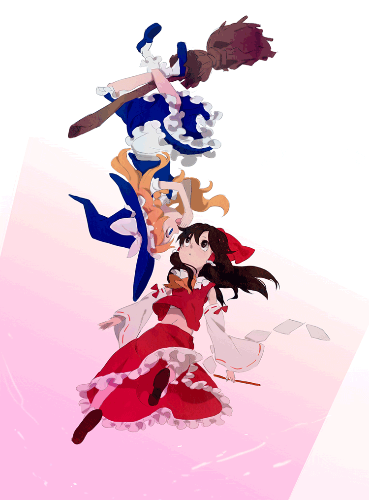 kazune (baumkuchen), hakurei reimu, kirisame marisa, touhou, bad id, bad pixiv id, 2girls, blonde hair, bow, braid, broom, broom riding, brown hair, detached sleeves, female focus, hair bow, hair tubes, hat, long hair, looking at another, multiple girls, ribbon, short hair, smile, upside-down, witch hat