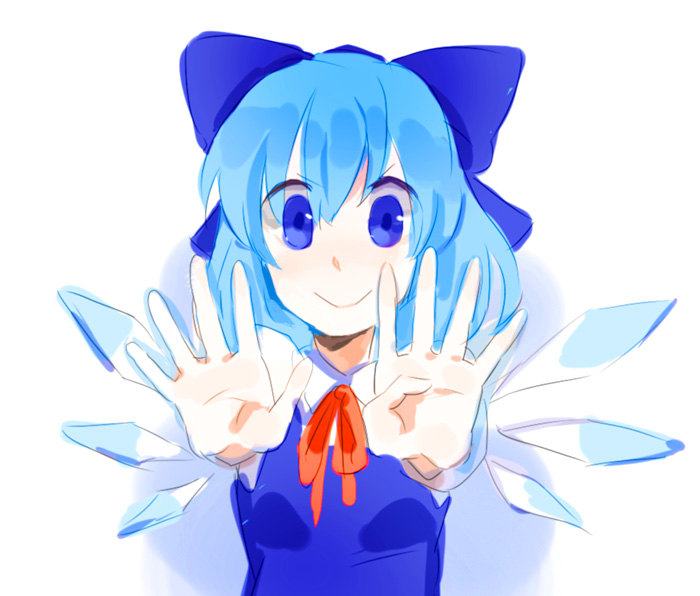 kazune (baumkuchen), cirno, phantasmagoria of flower view, touhou, 1girl, bow, circled 9, female focus, foreshortening, smile, solo, v-shaped eyebrows, white background