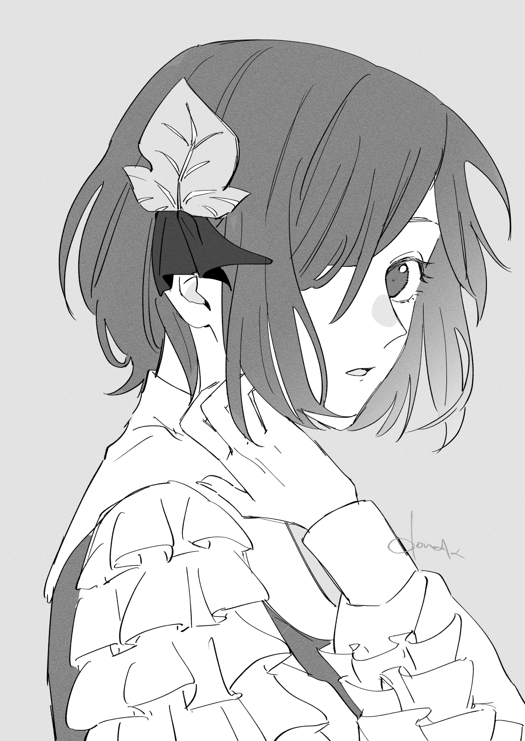 donda (gyozablackbeer), fukurai azami, toshi densetsu kaitai center, commentary request, highres, 1girl, collared shirt, frilled shirt, frilled sleeves, frills, from side, grey background, greyscale, hair ornament, hair over one eye, hand up, leaf hair ornament, long sleeves, looking at viewer, monochrome, shirt, short hair, simple background, solo, upper body