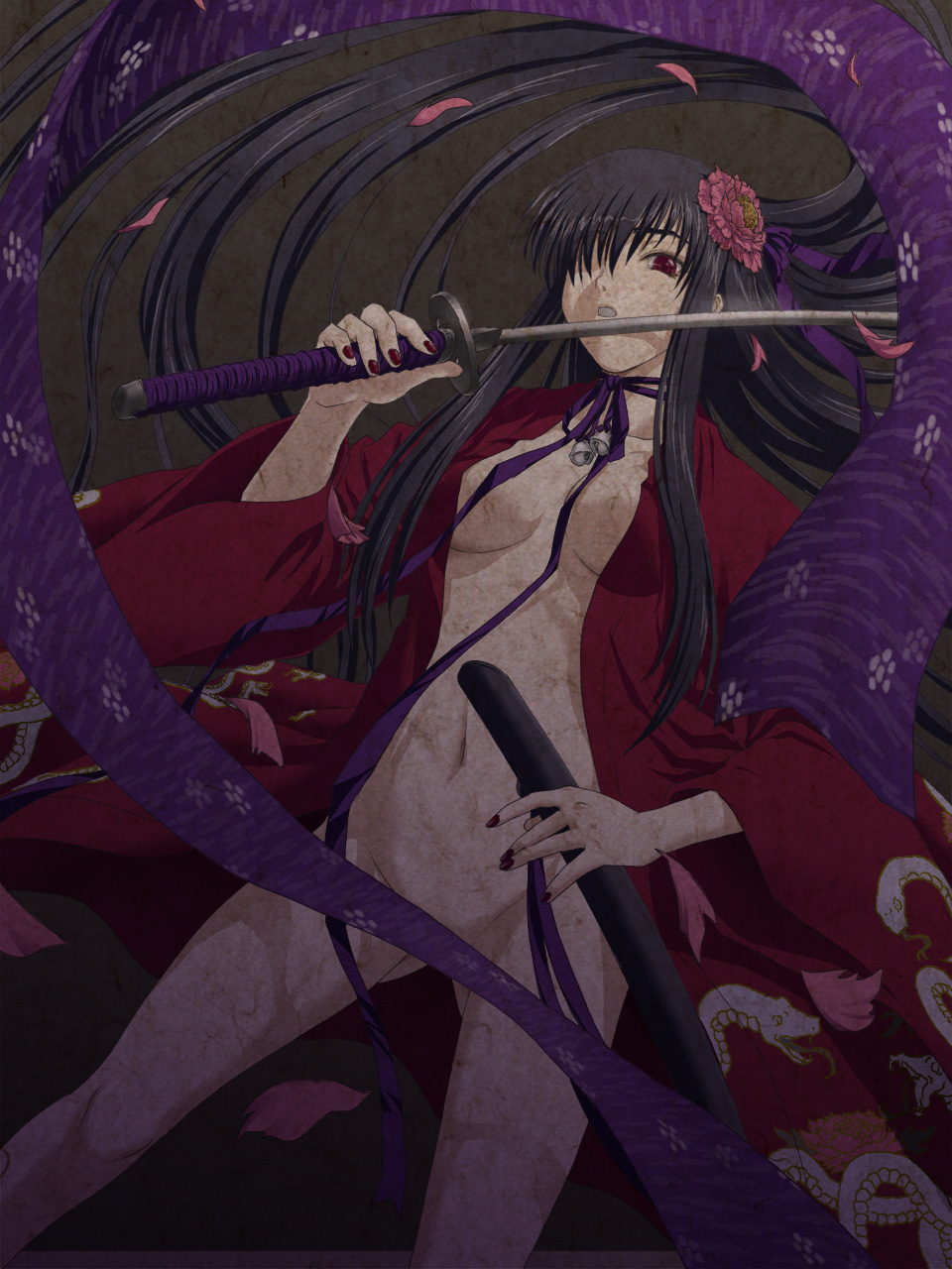 iga tomoteru, highres, japanese clothes, kimono, naked robe, no bra, no panties, open clothes, open robe, robe, sheath, solo, sword, weapon