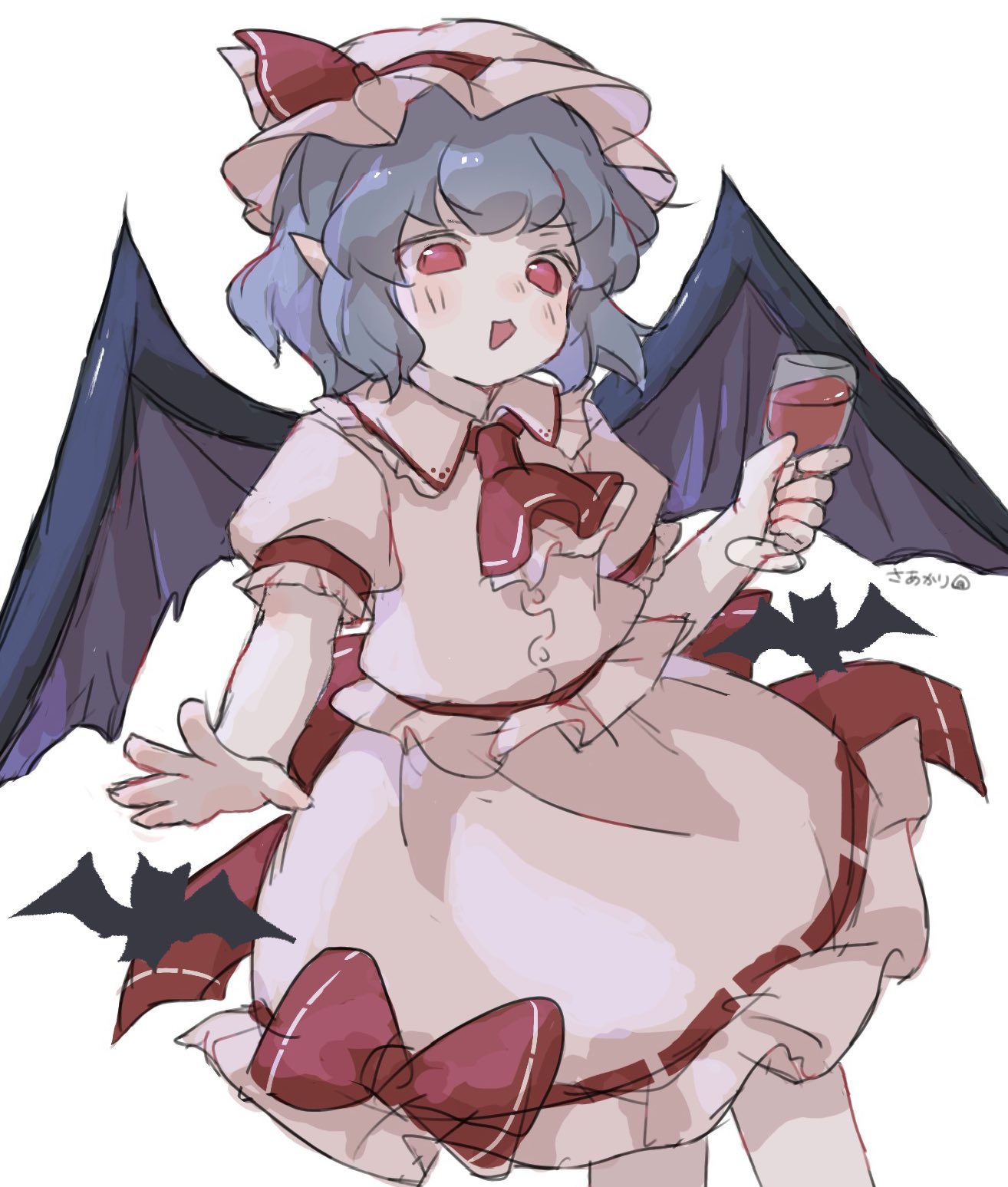 saakarinrin, remilia scarlet, touhou, commentary, highres, 1girl, artist name, ascot, bat (animal), bat wings, blue hair, collared shirt, cup, drinking glass, frilled shirt collar, frills, hat, hat ribbon, holding, holding cup, looking at viewer, mob cap, open mouth, pink hat, pink shirt, pink skirt, pointy ears, puffy short sleeves, puffy sleeves, red ascot, red eyes, red ribbon, ribbon, shirt, short sleeves, simple background, skirt, smile, solo, white background, wine glass, wings