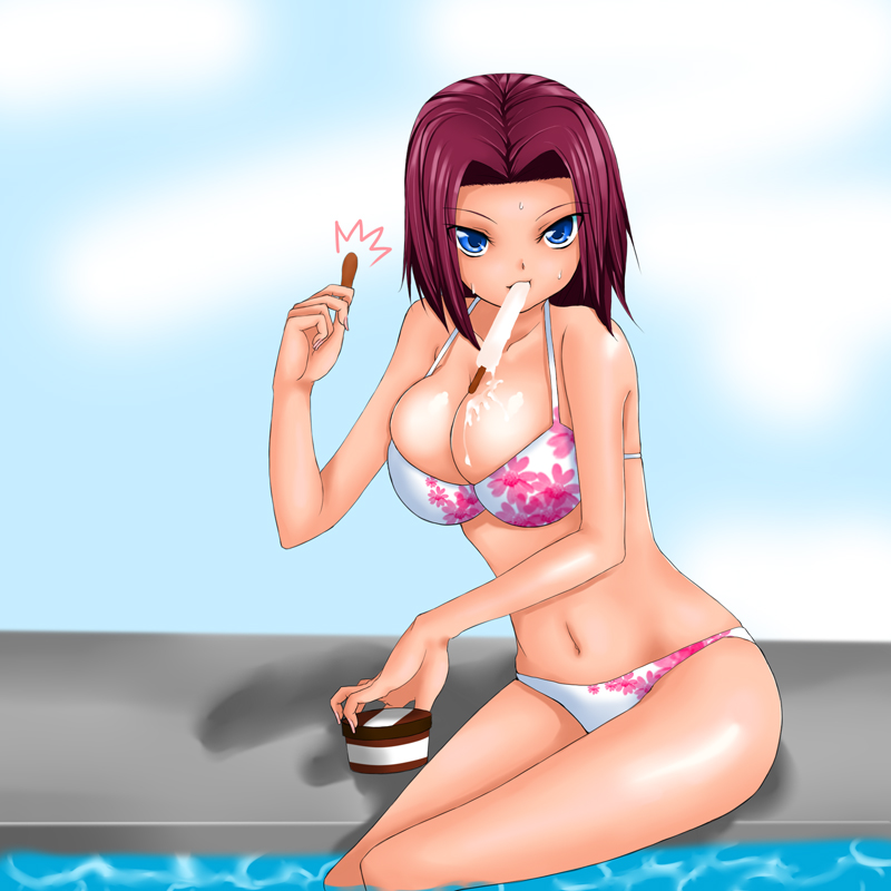 rokuichi, kouzuki kallen, code geass, 00s, 1girl, bikini, breasts, female focus, fingernails, food, large breasts, long fingernails, nail (hardware), popsicle, sexually suggestive, solo, swimsuit
