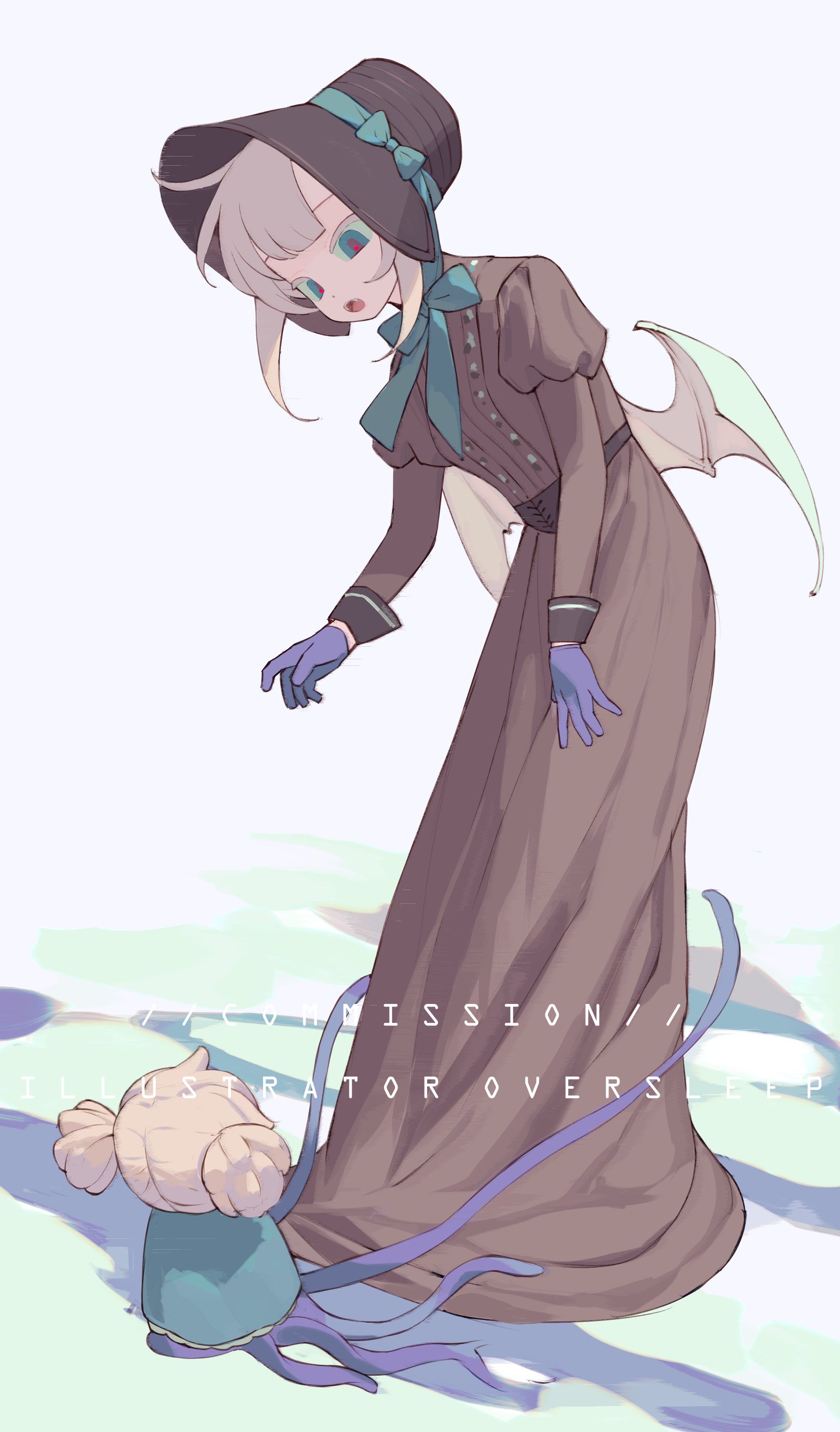 oversleep, original, absurdres, highres, 1girl, ahoge, blonde hair, blunt bangs, bow, bowtie, brown dress, brown hat, demon wings, doll, dress, english text, full body, gloves, green bow, green eyes, hair bun, hat, juliet sleeves, long dress, long sleeves, mini person, open mouth, puffy sleeves, purple gloves, standing, tentacles, wings