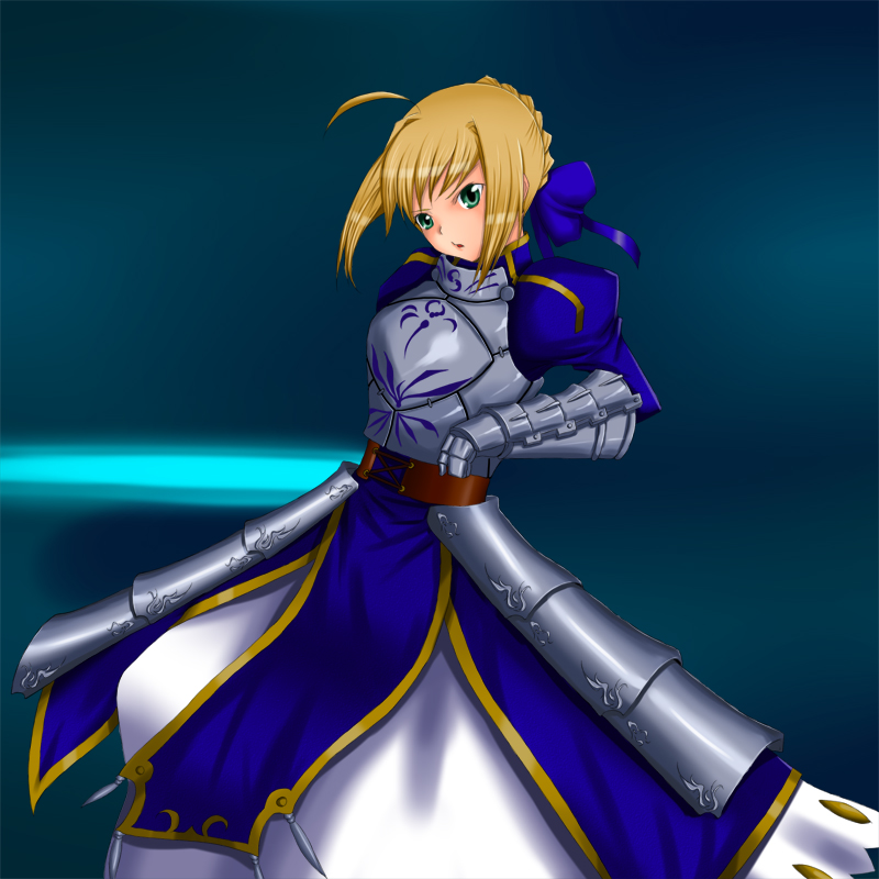 rokuichi, artoria pendragon (fate), saber (fate), fate/stay night, fate (series), 00s, 1girl, ahoge, armor, armored dress, belt, blonde hair, blue bow, blue dress, bow, braid, cowboy shot, dress, faulds, female focus, gauntlets, glowing, glowing sword, glowing weapon, green eyes, hair bow, head tilt, holding, holding sword, holding weapon, juliet sleeves, long sleeves, looking at viewer, puffy sleeves, short hair, solo, standing, sword, unsheathed, weapon