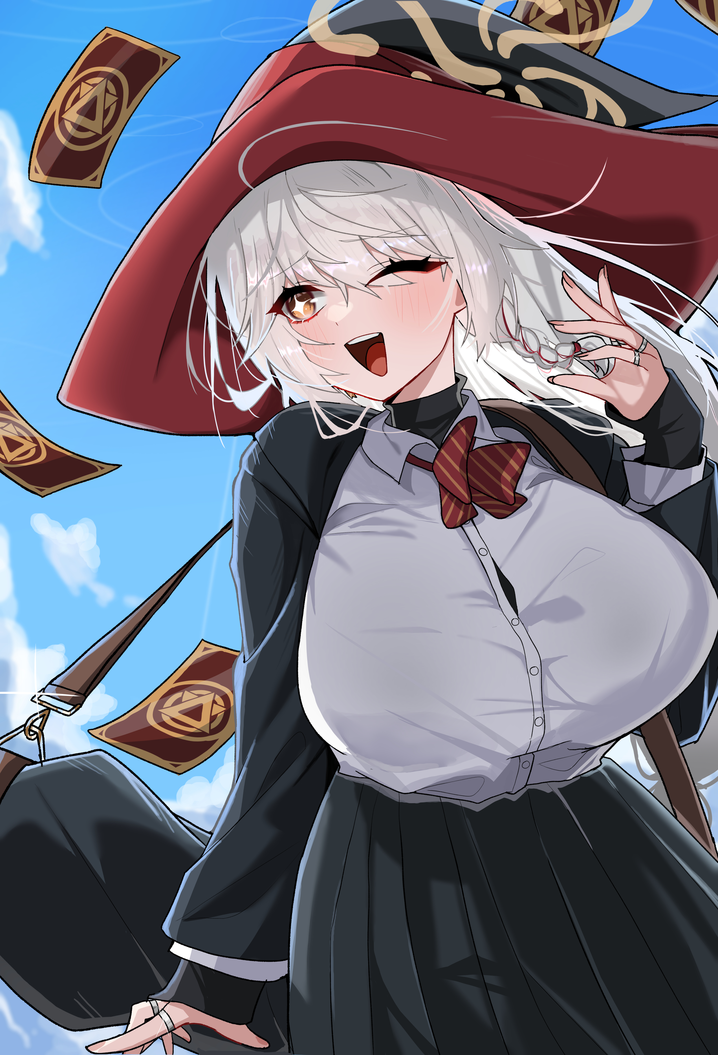dragonchicken02, eri (blue archive), blue archive, absurdres, commentary, highres, 1girl, ;d, bag, black jacket, black skirt, black undershirt, blue sky, bow, bowtie, braid, breasts, brown eyes, button gap, card, cloud, hair between eyes, halo, hat, huge breasts, jacket, jewelry, long hair, long sleeves, one eye closed, open clothes, open jacket, open mouth, playing card, red bow, red bowtie, ring, shirt, shoulder bag, side braid, single braid, skirt, sky, smile, solo, star-shaped pupils, star (symbol), striped bow, striped bowtie, striped clothes, symbol-shaped pupils, undershirt, white hair, white shirt, witch hat, yellow halo