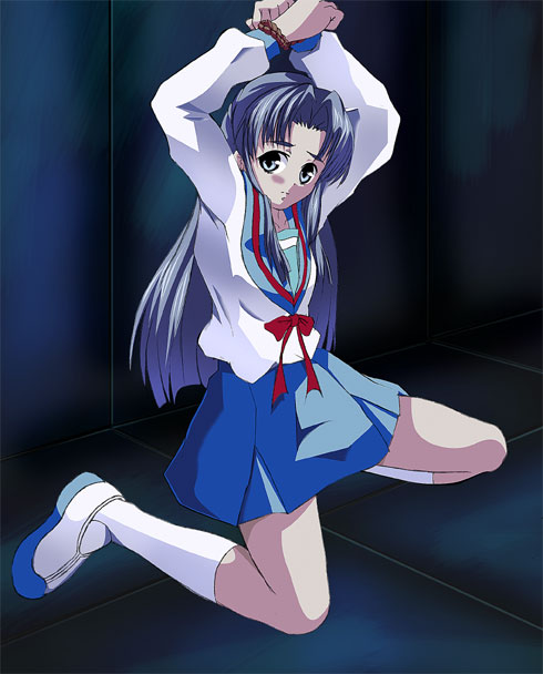 asakura ryoko, suzumiya haruhi no yuuutsu, 00s, 1girl, bdsm, bondage, bound, bound wrists, female focus, school uniform, serafuku, shoes, solo, uwabaki