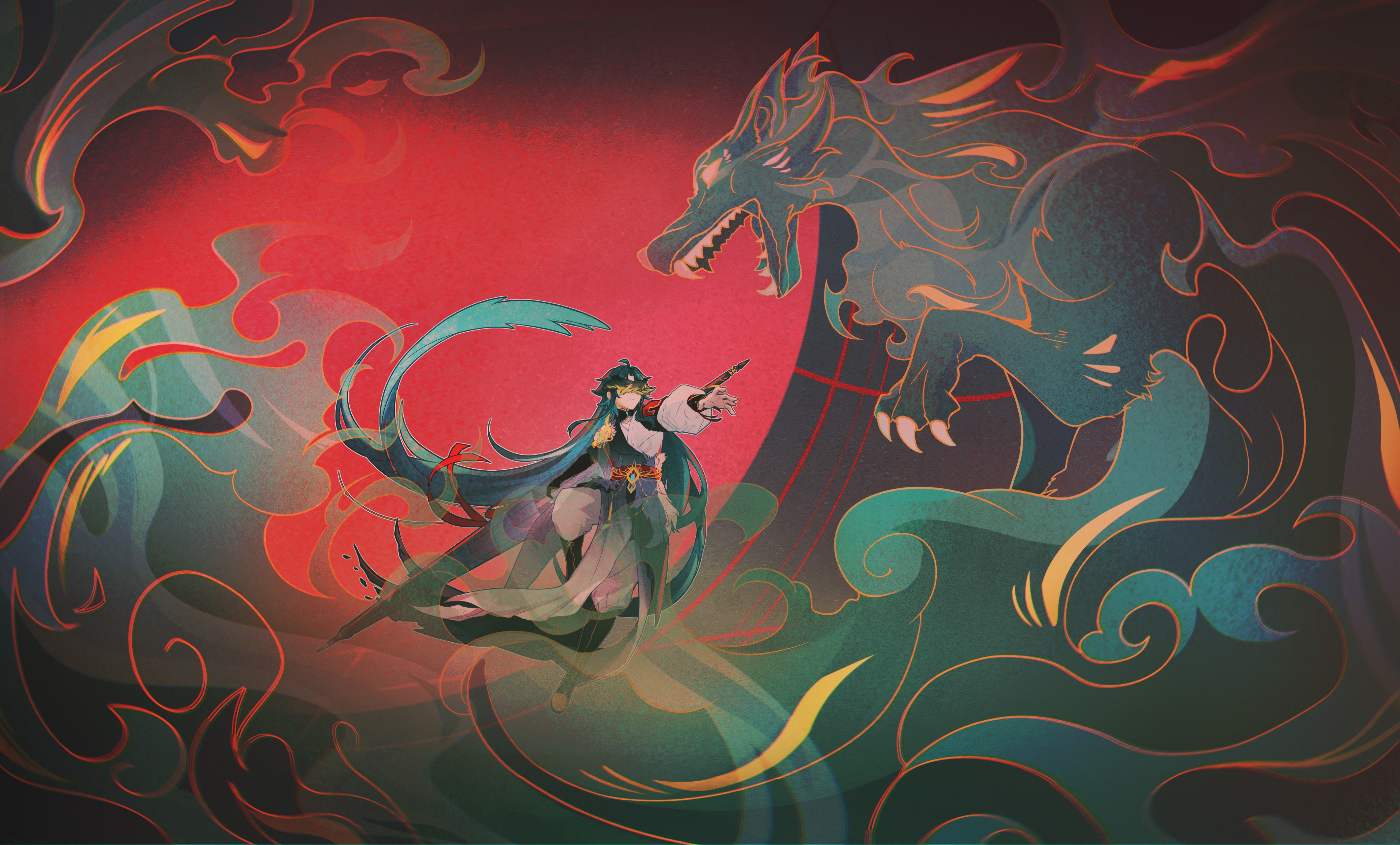 fishinthetea, xiao (genshin impact), genshin impact, absurdres, chinese commentary, highres, variant set, 1boy, alternate costume, alternate hair length, alternate hairstyle, aqua hair, aqua umbrella, armor, battle, black boots, black collar, black hair, black hands, black robe, black wings, boots, closed mouth, closed umbrella, collar, colored extremities, colored inner hair, covered eyes, curtained hair, facial mark, facial tattoo, feathered wings, fighting stance, forehead mark, full body, full moon, glowing, glowing eyes, head wings, holding, holding umbrella, knee up, long hair, long sleeves, male focus, monster, moon, multicolored hair, multicolored robe, oil-paper umbrella, outstretched arms, pants, parted bangs, pelvic curtain, puffy long sleeves, puffy sleeves, red moon, red sash, robe, sash, shoulder armor, solo, tattoo, three-quarter sleeves, two-tone wings, umbrella, umbrella ribbon, very long hair, waist sash, white pants, white robe, wide sleeves, wings, yellow wings