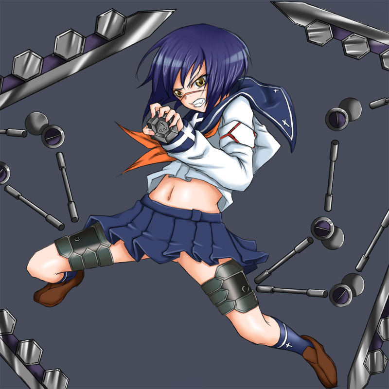 rokuichi, tsumura tokiko, busou renkin, 00s, 1girl, blouse, blue sailor collar, bob cut, female focus, sailor collar, scar, scar on face, scar on nose, shirt, solo, valkyrie skirt, white shirt, yellow eyes
