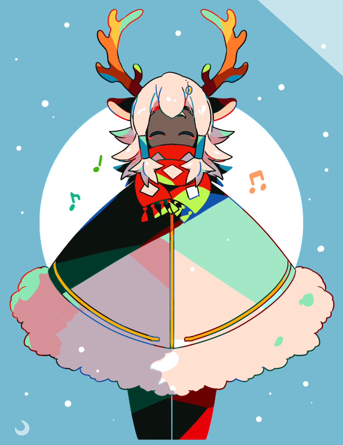 mizuki tsukimori, sky: children of the light, commentary request, highres, 1girl, animal ears, antlers, cloak, closed eyes, coat, cropped legs, dark-skinned male, dark skin, deer ears, facing viewer, fur-trimmed coat, fur trim, horns, musical note, red scarf, scarf, sidelocks, solo, white hair