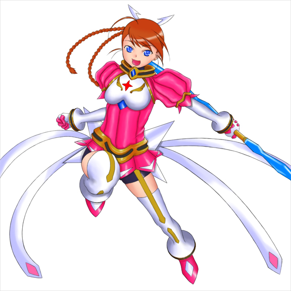 rokuichi, arika yumemiya, my-otome, 00s, 1girl, :d, blue eyes, brooch, brown hair, dress, female focus, garter straps, gem, holding, holding sword, holding weapon, jewelry, long hair, looking at viewer, open mouth, outstretched arm, pink dress, running, shorts, simple background, smile, solo, sword, thighhighs, weapon, white background, white thighhighs