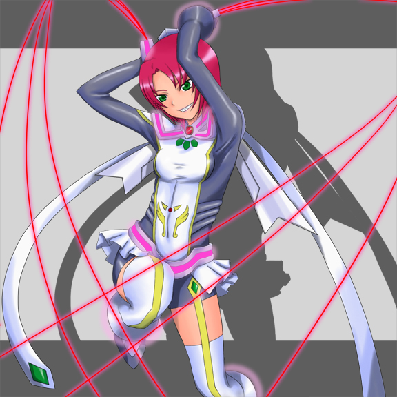 rokuichi, juliet nao zhang, my-otome, 00s, 1girl, :d, arms up, bodysuit, clenched teeth, female focus, garter straps, green eyes, grey thighhighs, leg up, open mouth, pink hair, short hair, silhouette, smile, solo, standing, standing on one leg, teeth, thighhighs