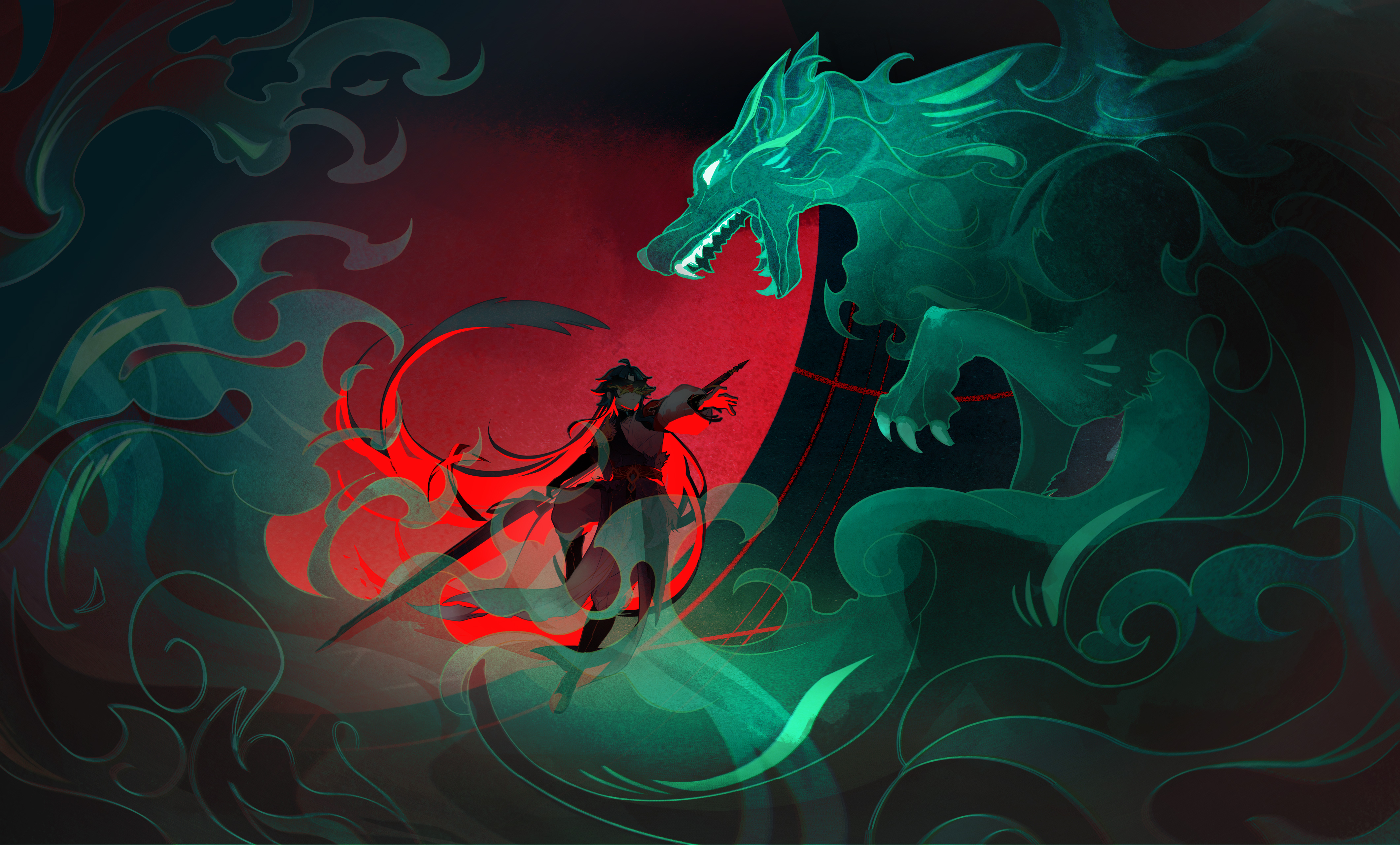 fishinthetea, xiao (genshin impact), genshin impact, absurdres, chinese commentary, highres, variant set, 1boy, alternate costume, alternate hair length, alternate hairstyle, aqua hair, aqua umbrella, armor, battle, black boots, black collar, black hair, black hands, black robe, black wings, boots, closed mouth, closed umbrella, collar, colored extremities, colored inner hair, covered eyes, curtained hair, dark, facial mark, facial tattoo, feathered wings, fighting stance, forehead mark, full body, full moon, glowing, glowing eyes, glowing hair, head wings, holding, holding umbrella, knee up, long hair, long sleeves, male focus, monster, moon, multicolored hair, multicolored robe, oil-paper umbrella, outstretched arms, pants, parted bangs, pelvic curtain, puffy long sleeves, puffy sleeves, red hair, red moon, red sash, robe, sash, shoulder armor, solo, tattoo, three-quarter sleeves, two-tone wings, umbrella, umbrella ribbon, very long hair, waist sash, white pants, white robe, wide sleeves, wings, yellow wings