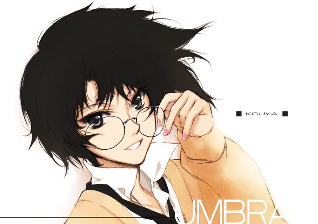 wakatsuki sana, sakagami kouya, loveless, original, 00s, black hair, glasses, necktie, school uniform, serafuku, short hair, smile, solo, sweater
