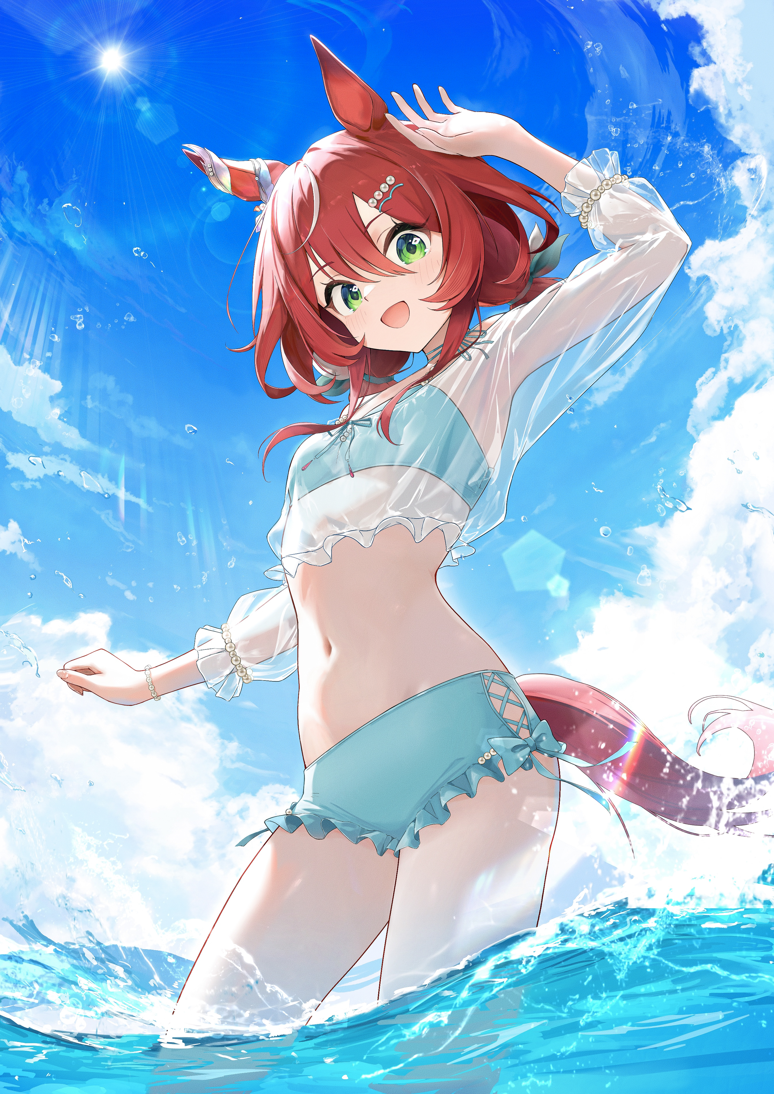 amanun, win variation (umamusume), umamusume, absurdres, highres, 1girl, animal ears, bikini, breasts, green eyes, horse ears, horse girl, horse tail, looking at viewer, navel, outdoors, red hair, small breasts, solo, swimsuit, tail