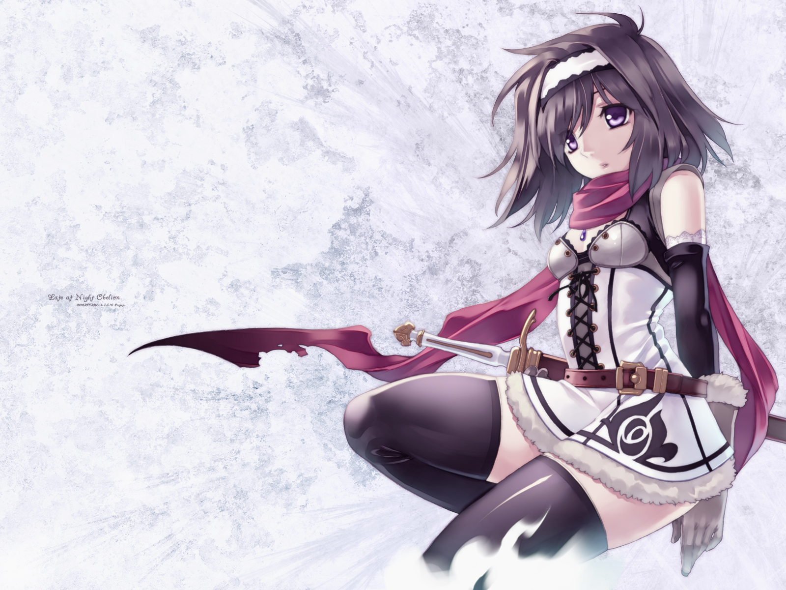 hirano katsuyuki, original, highres, brown hair, fantasy, gloves, headband, purple eyes, scarf, solo, sword, thighhighs, weapon, zettai ryouiki