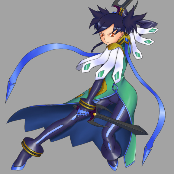 rokuichi, nina wang, my-otome, 00s, 1girl, black gloves, black hair, braid, dual wielding, female focus, full body, gloves, grey background, holding, knife, orange eyes, solo