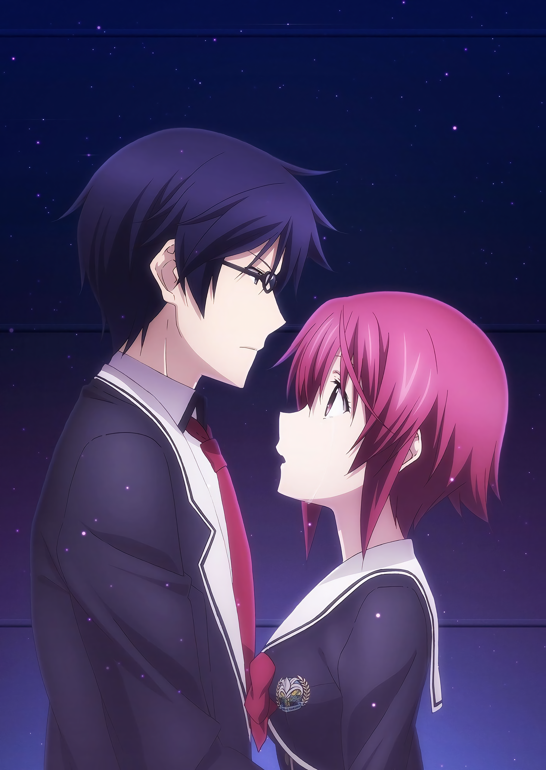 miyashiro takuru, onoe serika, chaos;child, science adventure, absurdres, highres, key visual, non-web source, official art, promotional art, 1boy, 1girl, black jacket, blue eyes, blue hair, bow, chest bow, cropped jacket, dress shirt, glasses, height difference, hekiho academy school uniform, jacket, looking at viewer, narrowed eyes, necktie, open mouth, pink hair, red bow, red necktie, sailor collar, sailor shirt, school uniform, shirt, short hair, short hair with long locks, white sailor collar, white shirt