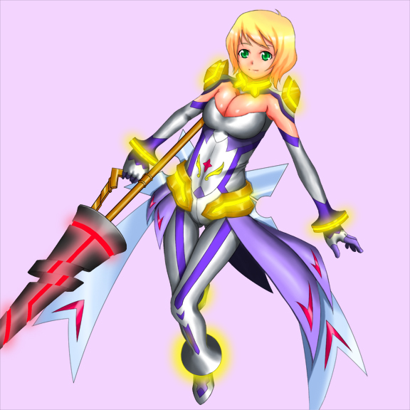 rokuichi, erstin ho, my-otome, 00s, 1girl, blonde hair, breasts, cleavage, dark-skinned female, dark skin, elbow gloves, female focus, gloves, green eyes, large breasts, pink background, simple background, skin tight, solo
