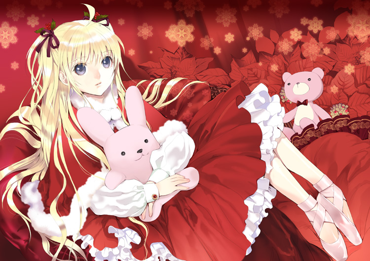 miyama waka, original, christmas, dress, pink shoes, shoes, solo, stuffed animal, stuffed toy, teddy bear, twintails