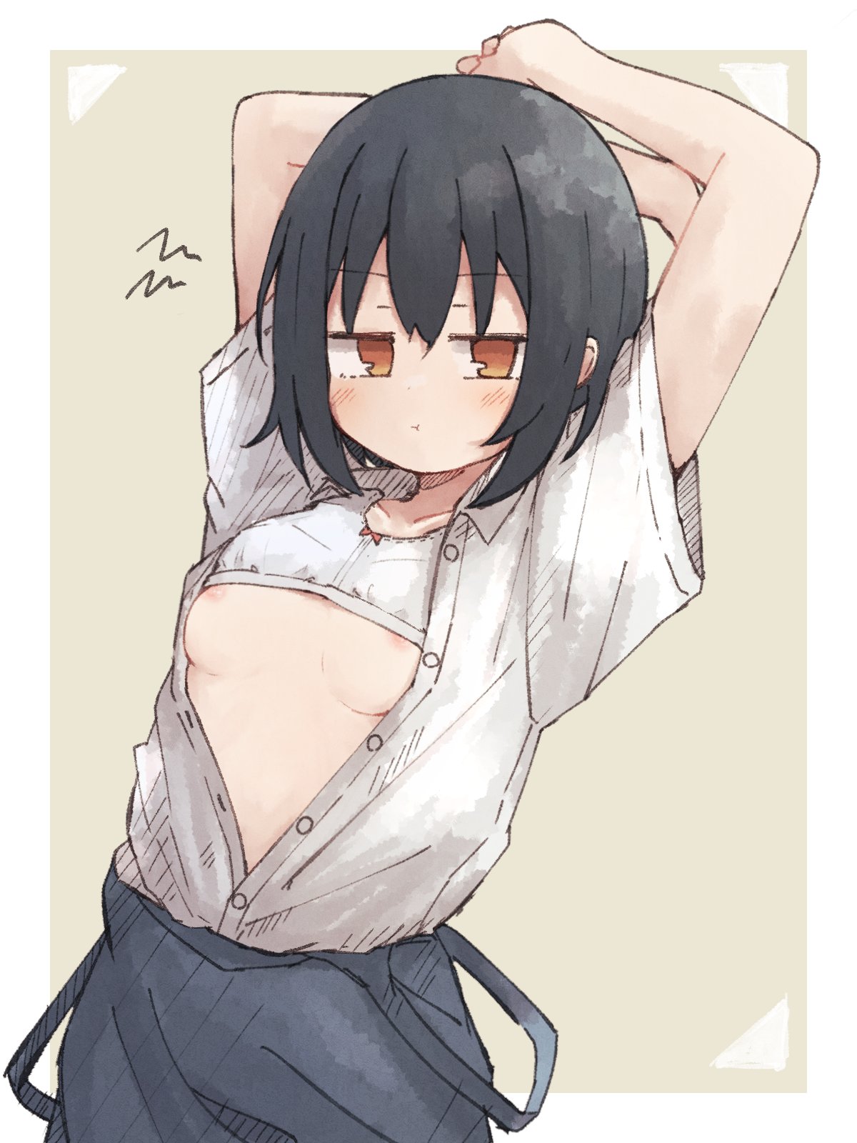 meguru 1225, original, highres, 1girl, arms up, black hair, bra, bra lift, breasts, brown eyes, nipples, open clothes, open shirt, shirt, short hair, small breasts, solo, underwear