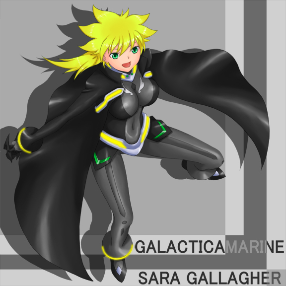 rokuichi, sara gallagher, my-otome, 00s, 1girl, :d, belt, black bodysuit, blonde hair, bodysuit, breasts, buckle, cape, character name, copyright name, covered navel, english text, female focus, green eyes, grey background, large breasts, looking at viewer, open mouth, silhouette, simple background, skin tight, smile, solo, text focus
