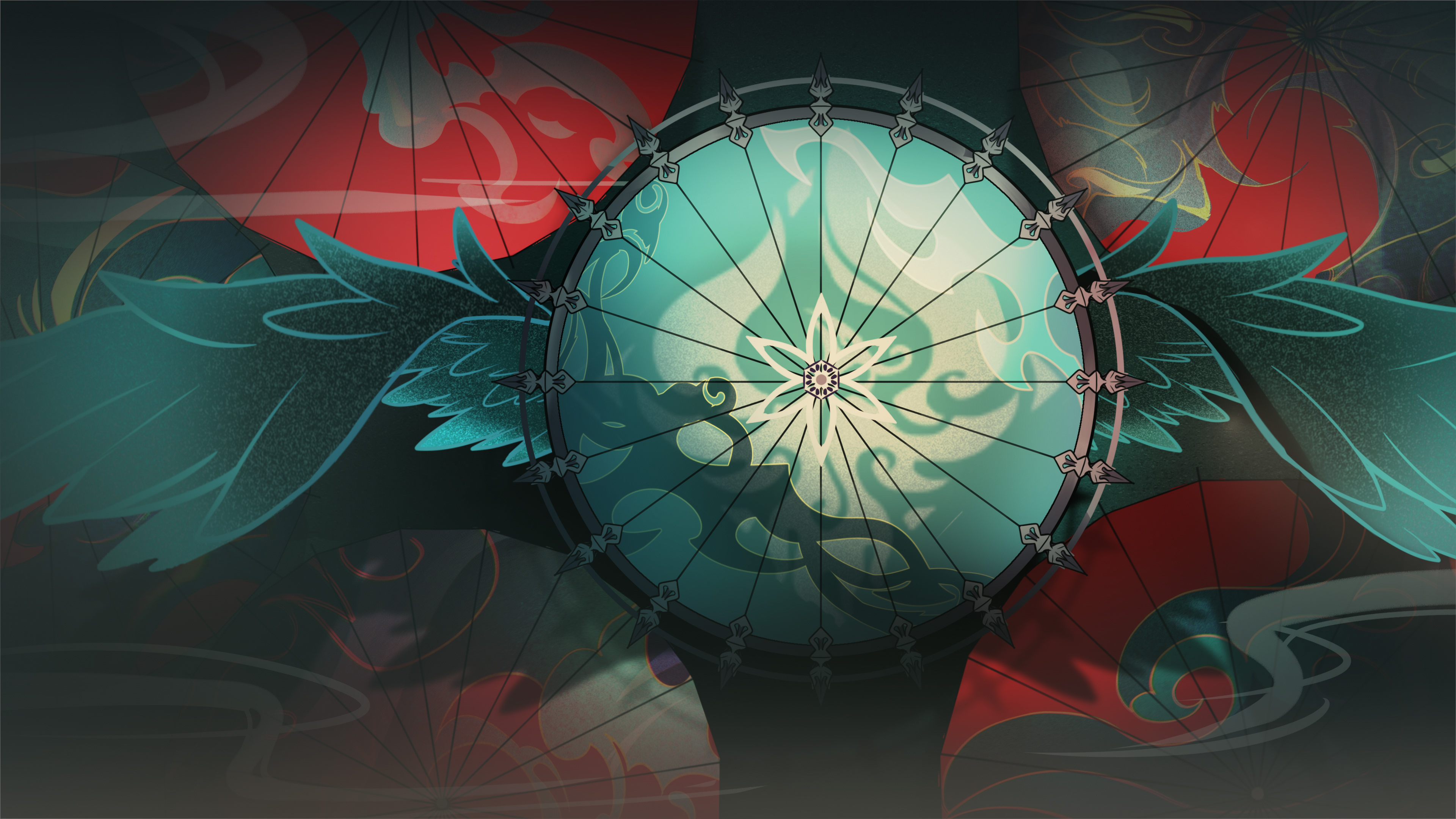 fishinthetea, original, absurdres, chinese commentary, highres, aqua umbrella, aqua wings, feathered wings, object focus, print umbrella, red umbrella, smoke, still life, too many umbrellas, umbrella, winged umbrella, wings