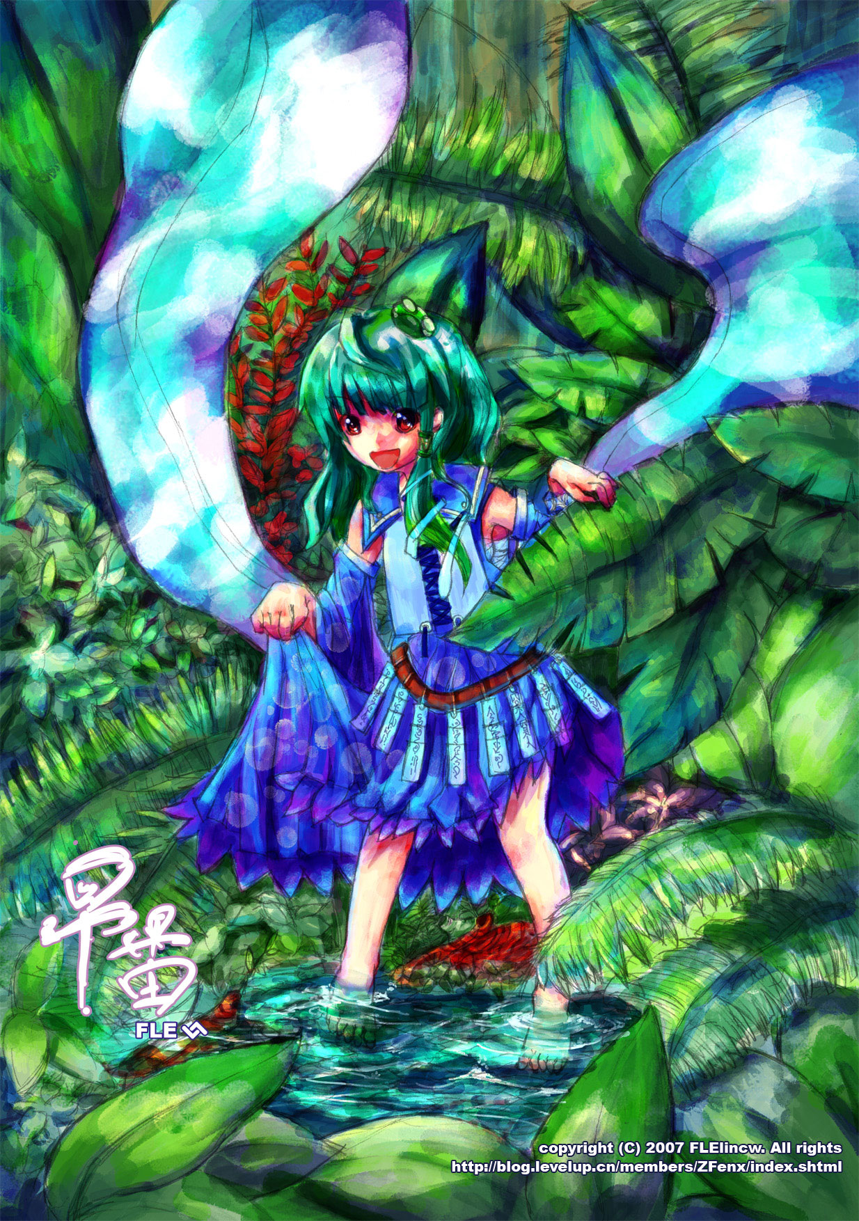 kochiya sanae, touhou, highres, 1girl, barefoot, detached sleeves, female focus, frog hair ornament, full body, green hair, hair ornament, hair tubes, leaf, nature, open mouth, outdoors, red eyes, smile, snake hair ornament, solo, standing, wading, water, watermark, wide sleeves