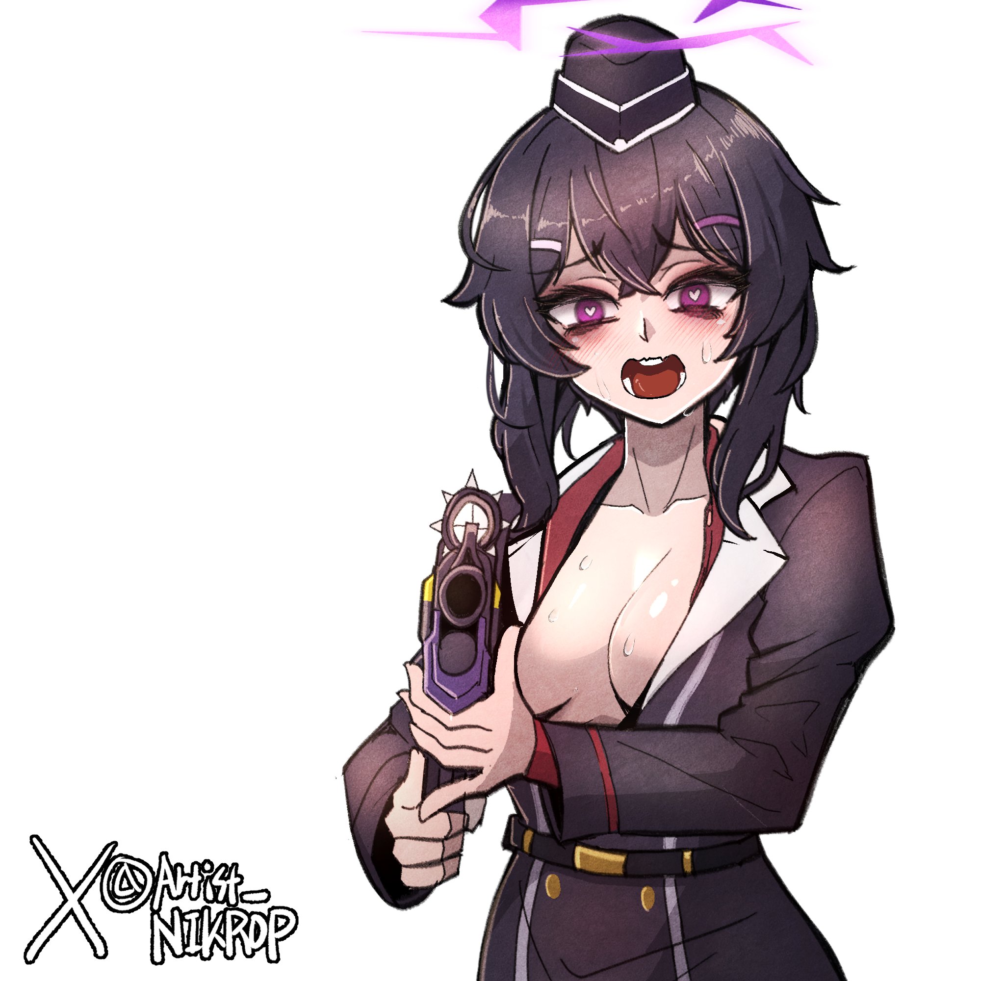 nikrop, haruka (blue archive), blue archive, highres, 1girl, bags under eyes, black hair, blush, breasts, cleavage, fabarm sdass, gun, halo, hat, heart, heart-shaped pupils, medium hair, military hat, military uniform, open clothes, open mouth, pointing, pointing at viewer, pump action, purple eyes, purple halo, scope, shotgun, signature, symbol-shaped pupils, twitter username, weapon