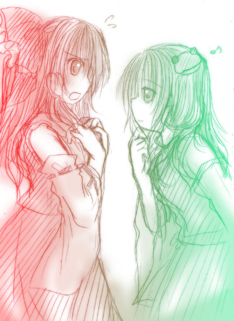 kasuga sunao, hakurei reimu, kochiya sanae, touhou, eyebrows, 2girls, blush, bow, detached sleeves, female focus, flying sweatdrops, frog hair ornament, hair bow, hair ornament, hair tubes, long hair, looking at another, monochrome, multiple girls, musical note, ribbon-trimmed sleeves, ribbon trim, simple background
