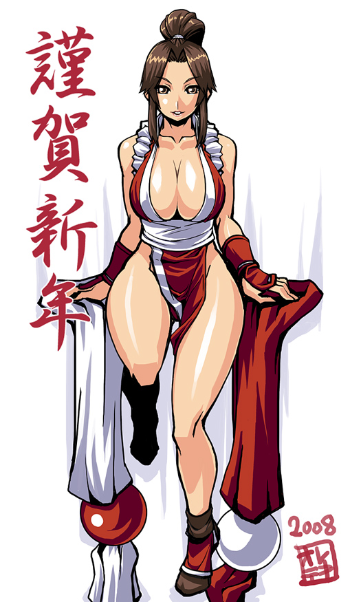 nek, shiranui mai, fatal fury, snk, the king of fighters, 1girl, breasts, brown eyes, brown hair, cleavage, curvy, female focus, large breasts, leg lift, legs, loincloth, long hair, pelvic curtain, ponytail, revealing clothes, smile, solo, standing, standing on one leg