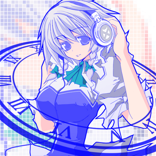 izayoi sakuya, touhou, silver hair, lowres, 1girl, braid, female focus, headphones, short hair, solo, twin braids