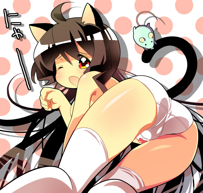 suzuki kokono, animal ears, ass, bent over, cat ears, cat tail, panties, tail, thighhighs, underwear, wink
