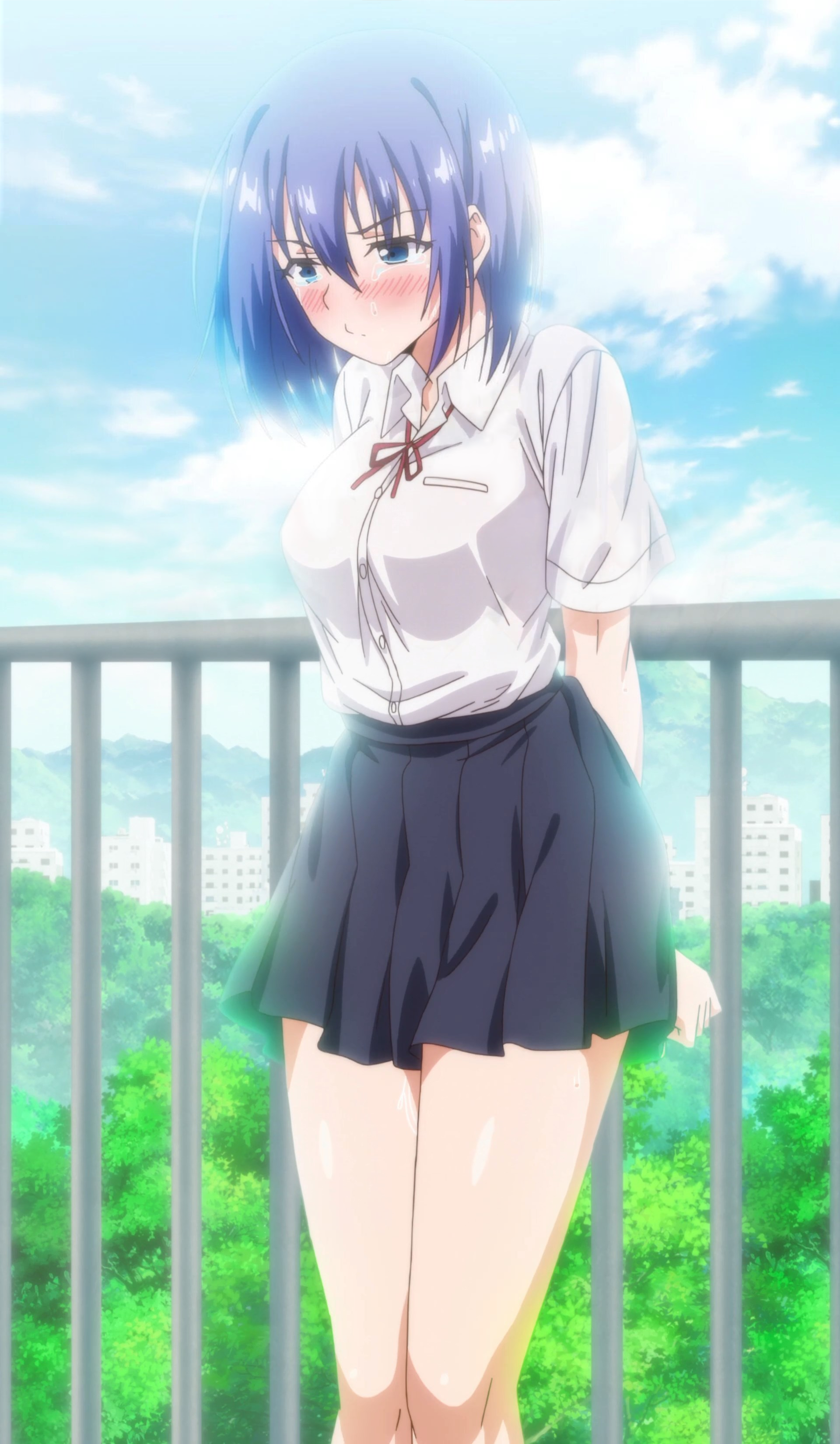 hoshizuki kaede, kaede to suzu, love me, anime screenshot, highres, stitched, third-party edit, 1girl, arms behind back, blue eyes, blue hair, blush, breasts, full body, hair ornament, hetero, rooftop, school, school roof, school uniform, serafuku, short hair, siblings, sisters, skirt, standing, thighhighs, thighs, twins, white thighhighs