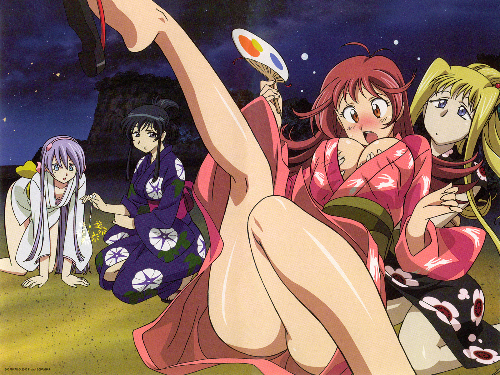 kimura takahiro, aoi anna, fujimura shizuru, lou roux, mira ackerman, shinkon gattai godannar!!, highres, official art, official wallpaper, 00s, 4girls, all fours, ass, barefoot, blush, breasts, feet, grabbing another's breast, groping, japanese clothes, kimono, large breasts, multiple girls, no bra, no panties, topless female