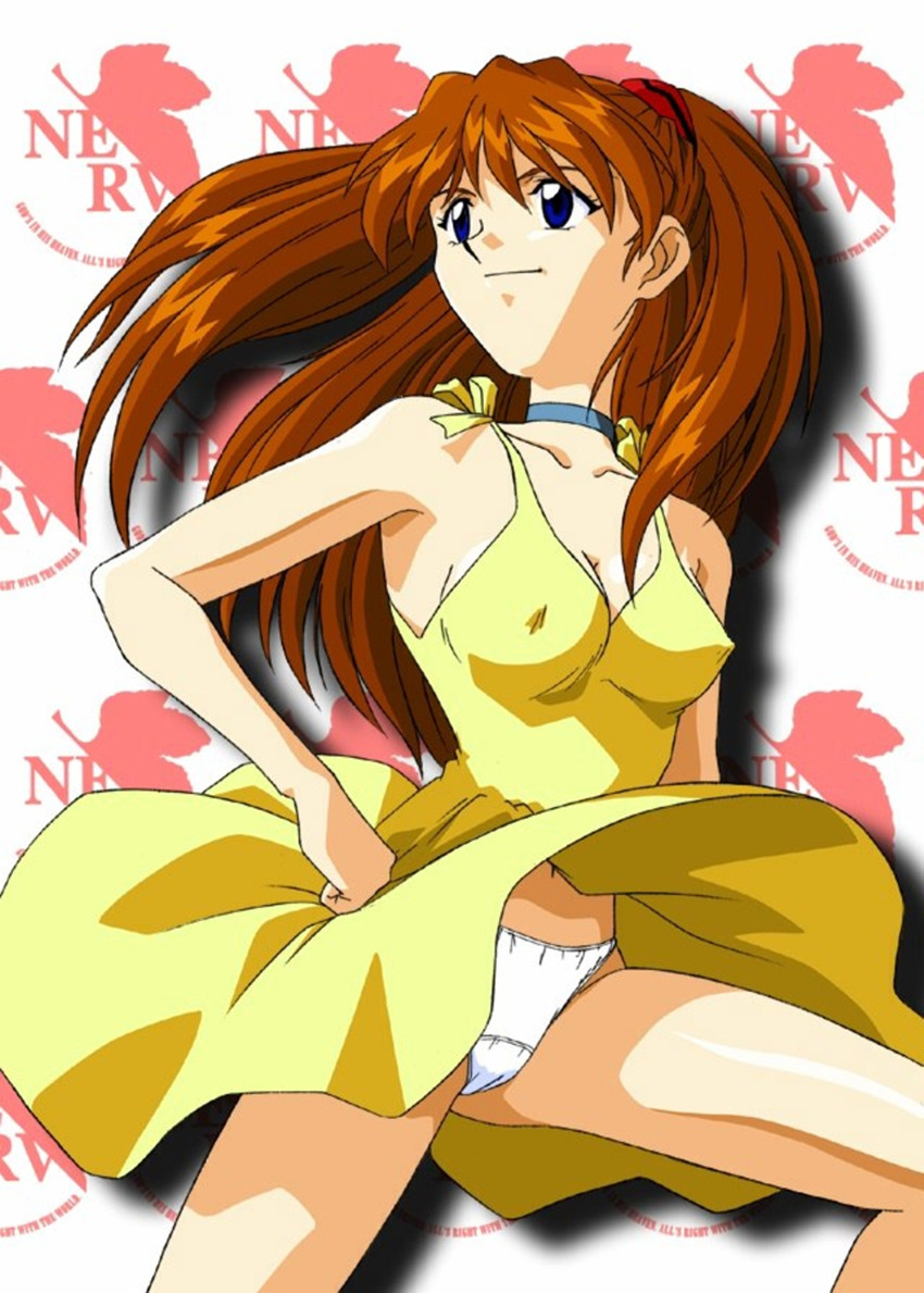 souryuu asuka langley, neon genesis evangelion, 1girl, blue eyes, breasts, choker, covered erect nipples, dress, female focus, long hair, medium breasts, nerv, orange hair, panties, pantyshot, red hair, solo, underwear, upskirt, white panties, yellow dress