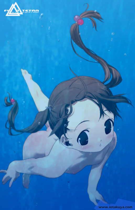 io takuya, original, copyright request, tagme, 1girl, :o, barefoot, black eyes, brown hair, bubble, completely nude, female focus, flat chest, hair ornament, holding breath, loli, looking at viewer, nipples, nude, solo, swimming, twintails